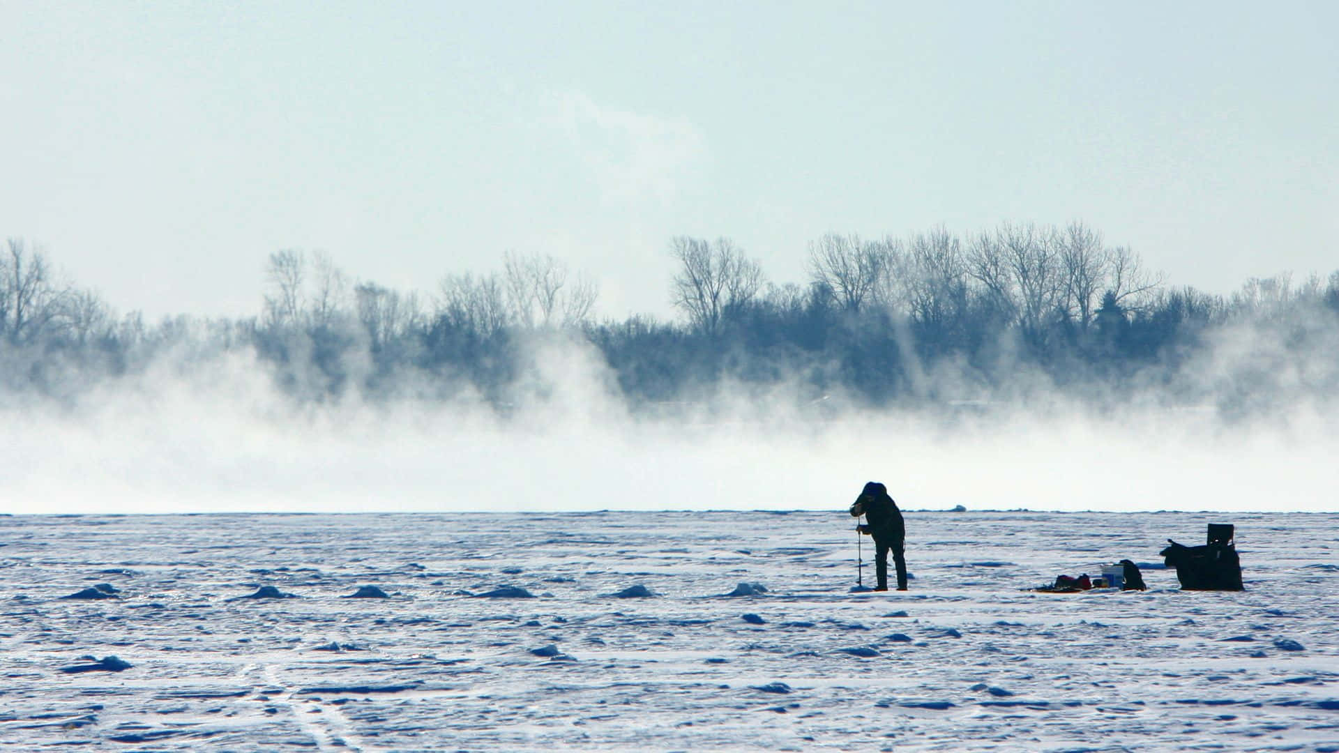ice fishing, frozen lake, mist, Full HD Desktop Wallpaper