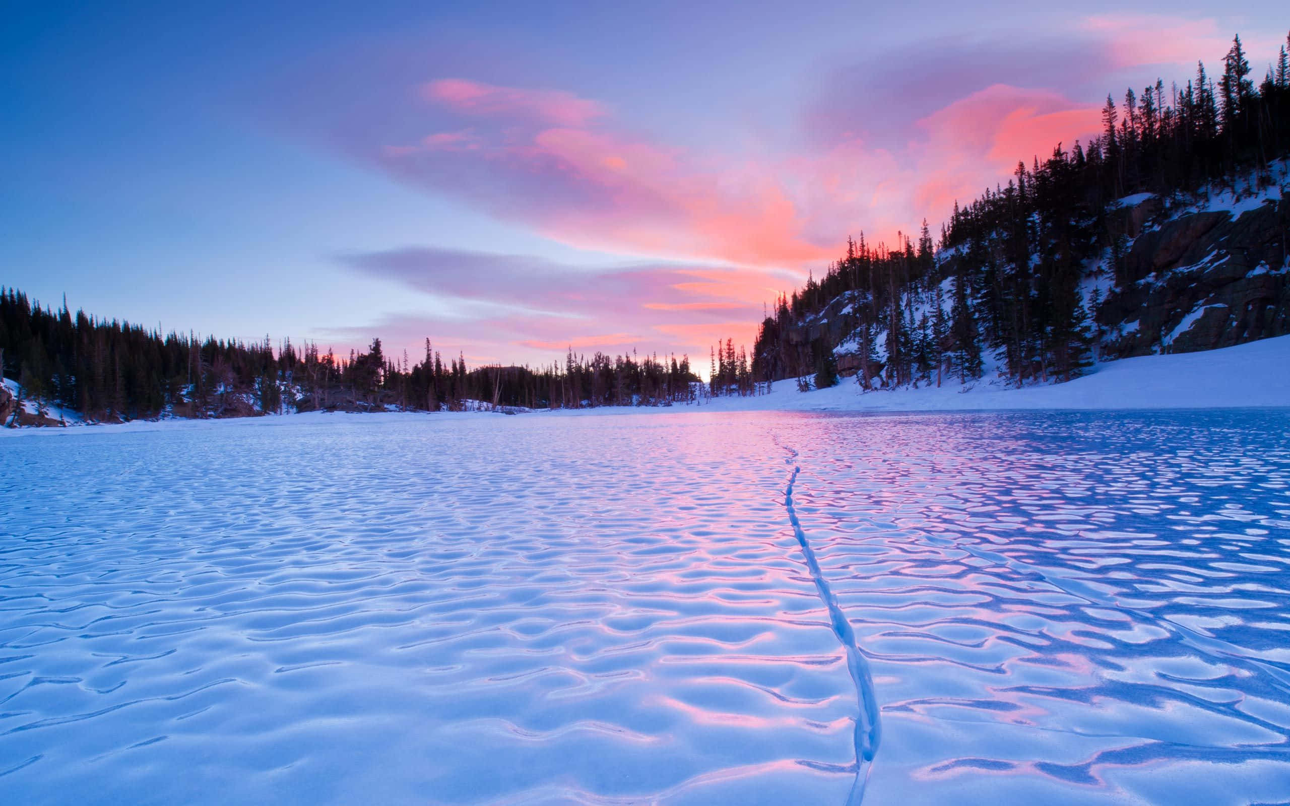 Frozen Lake, sunset, pink and blue sky, 2K Desktop Wallpaper