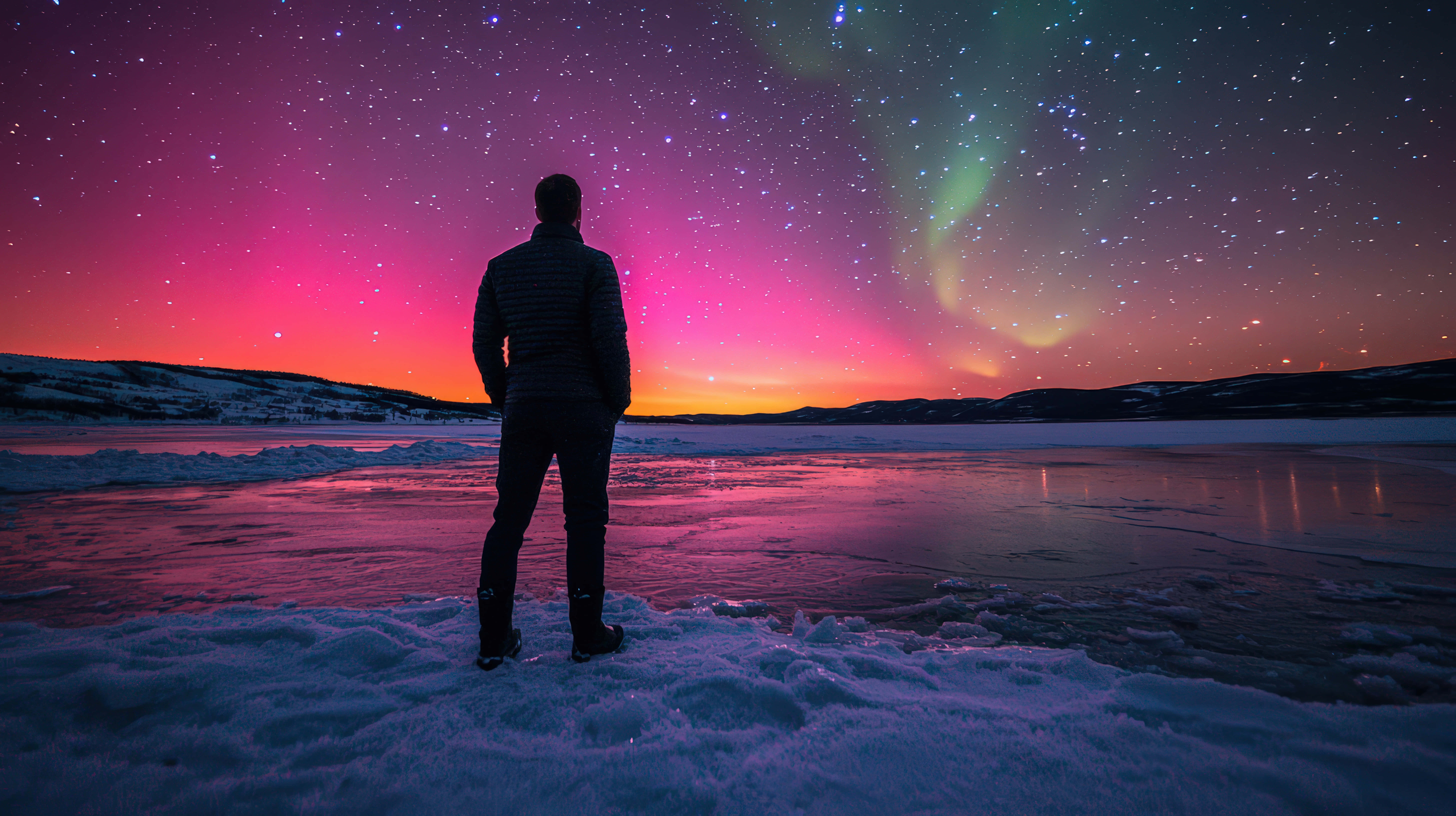 frozen lake, northern lights, aurora borealis, 8K Desktop Wallpaper
