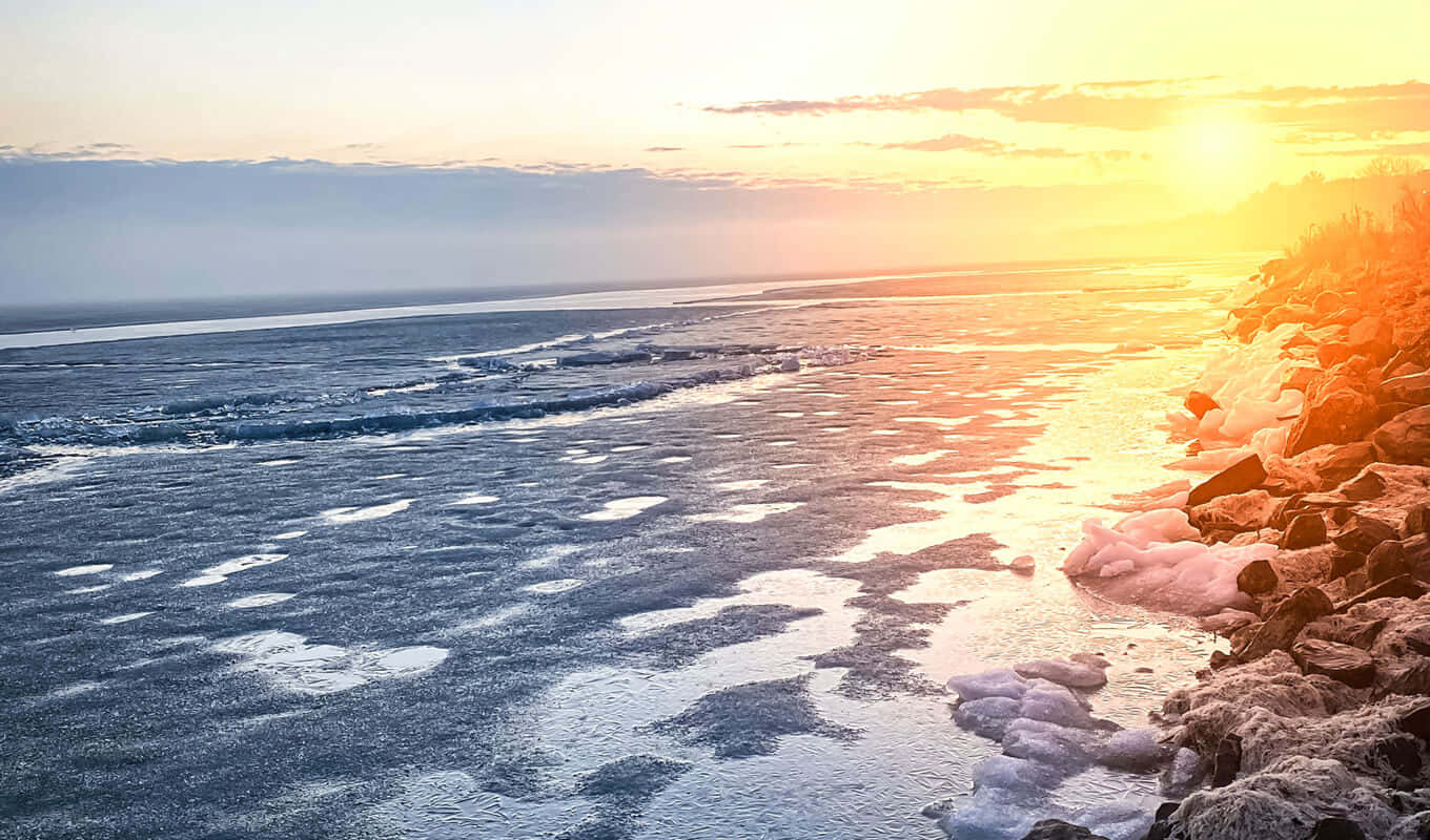 sunset, frozen lake, ice floes, HD Desktop Wallpaper