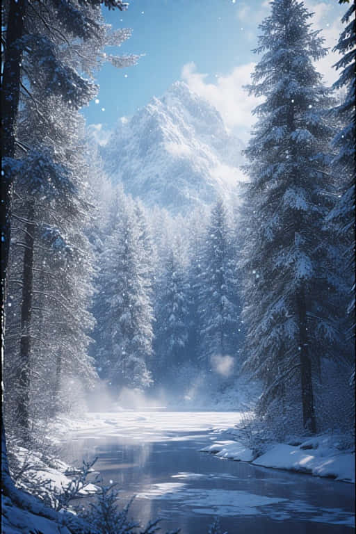 winter mountain landscape, snow-covered pine trees, frozen river, SD Phone Wallpaper