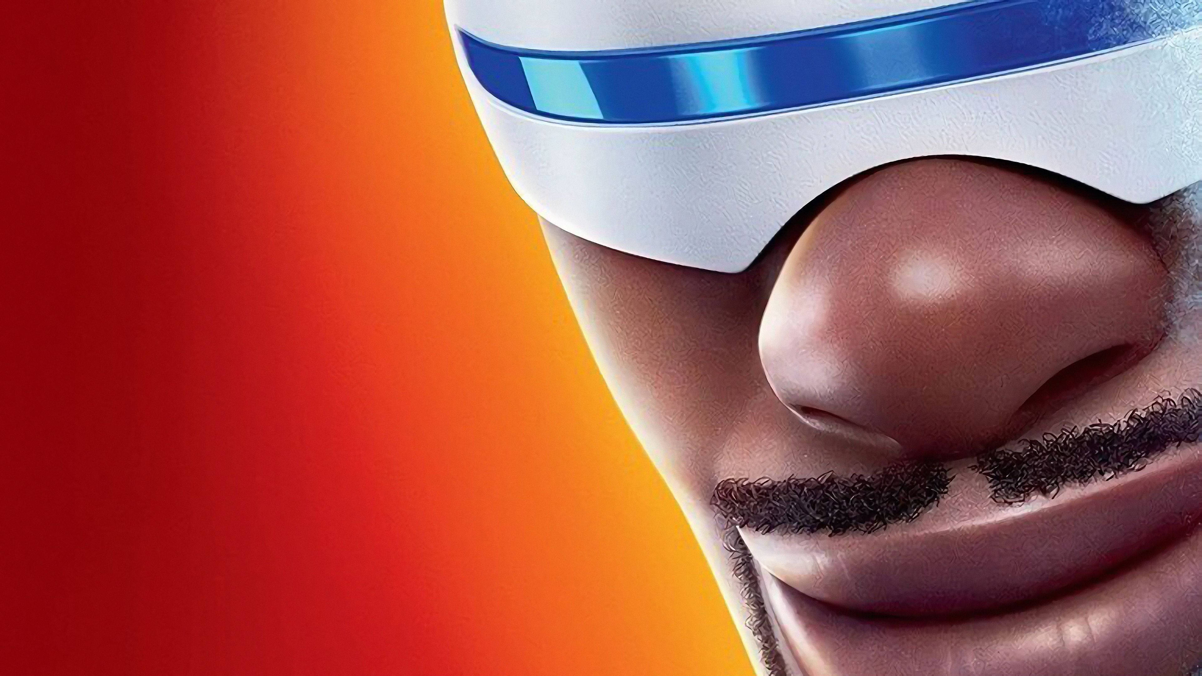 Frozone, white and blue mask, fiery orange and red gradient background, 4K Desktop Wallpaper