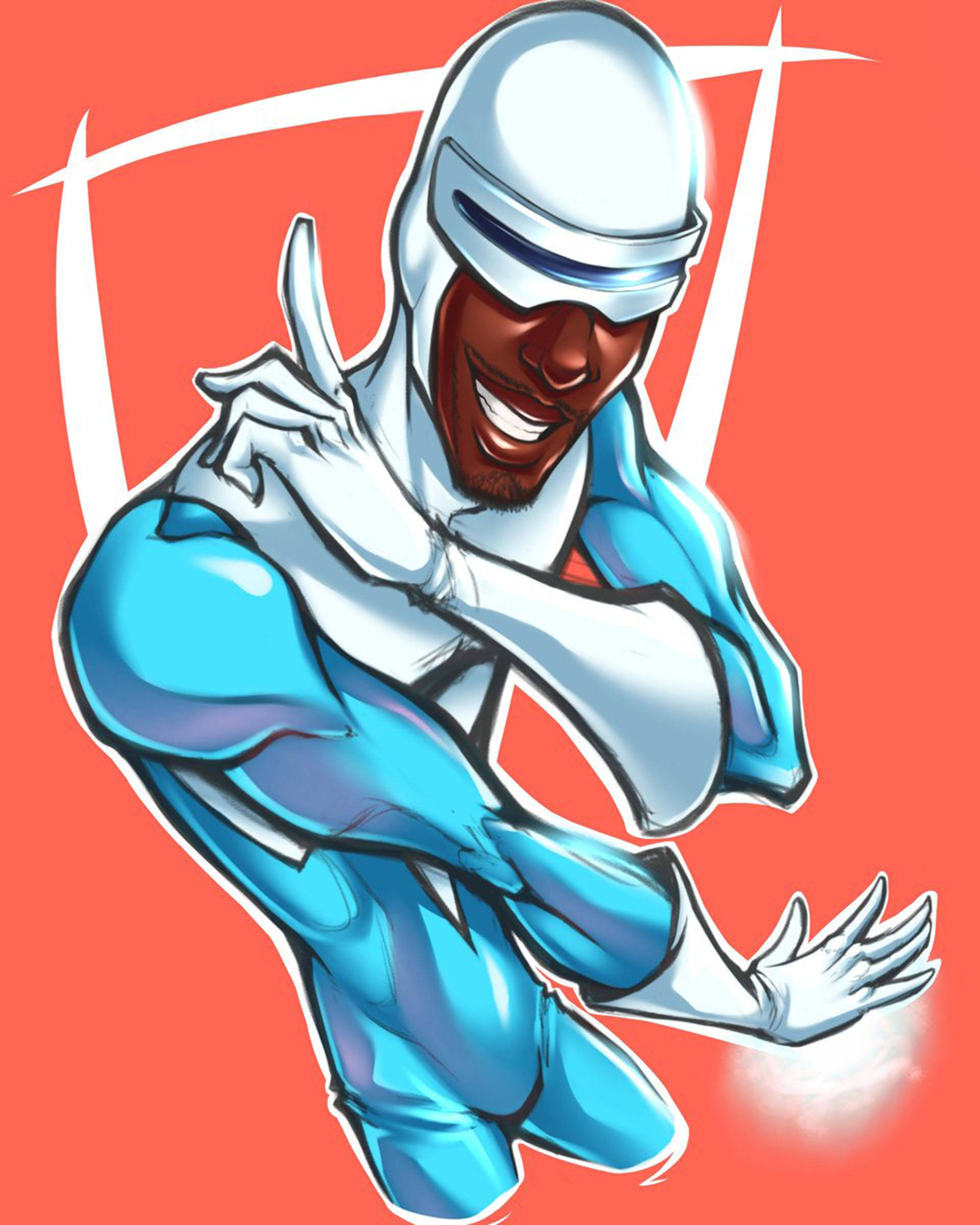 Frozone, blue and white suit, vibrant coral background, Full HD Phone Wallpaper