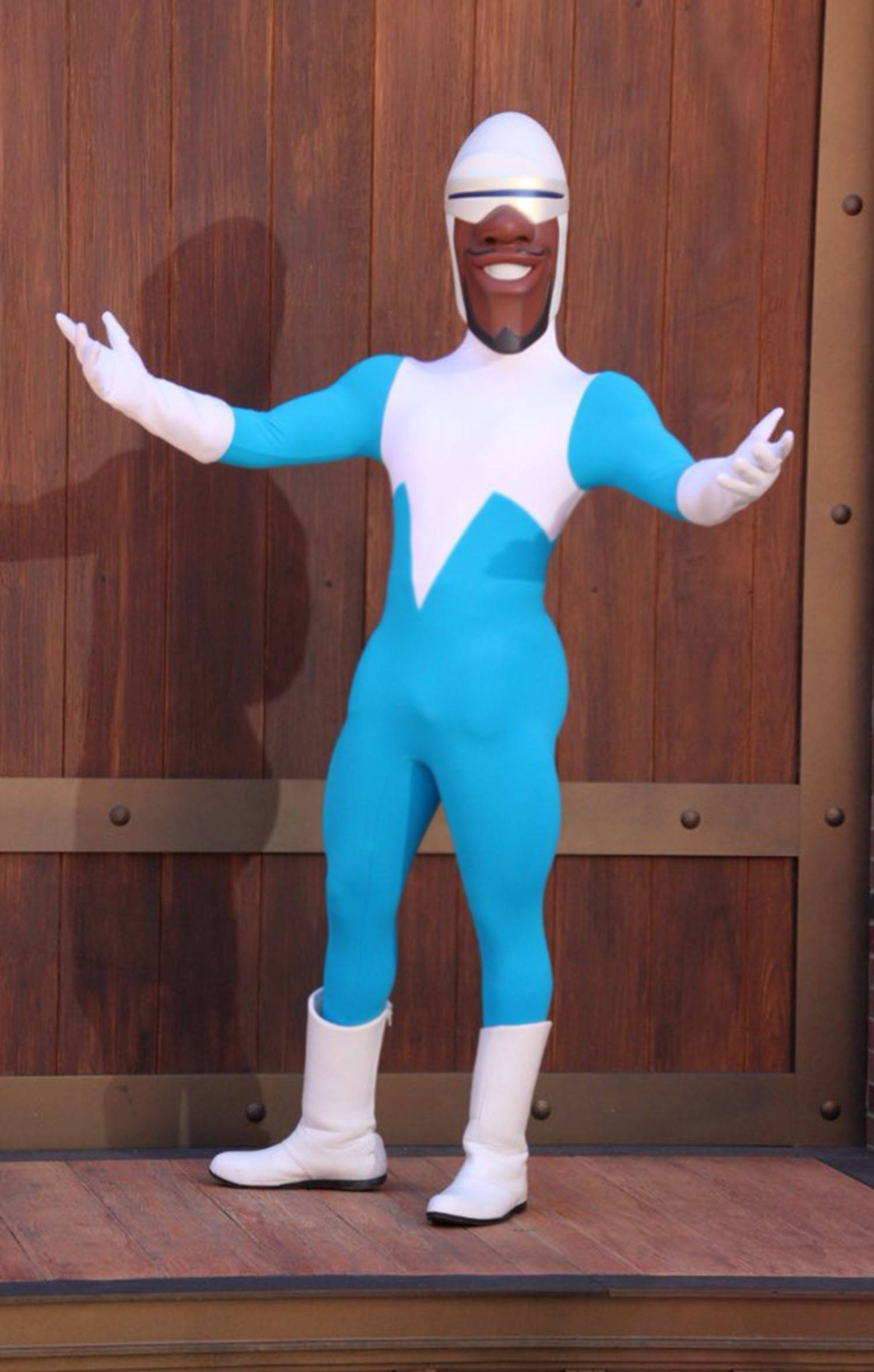 Frozone, blue and white superhero costume, wooden door backdrop, Full HD Phone Wallpaper