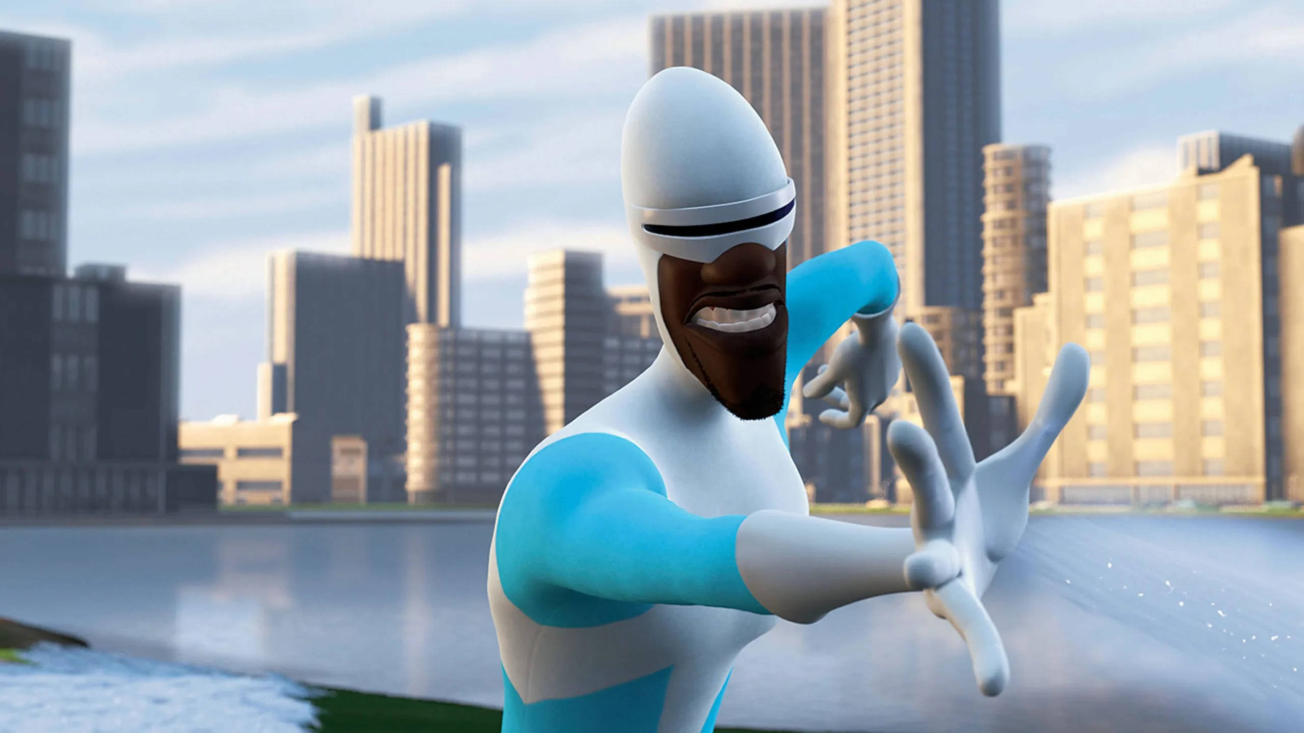 Frozone, white and blue suit, city skyline, 2K Desktop Wallpaper