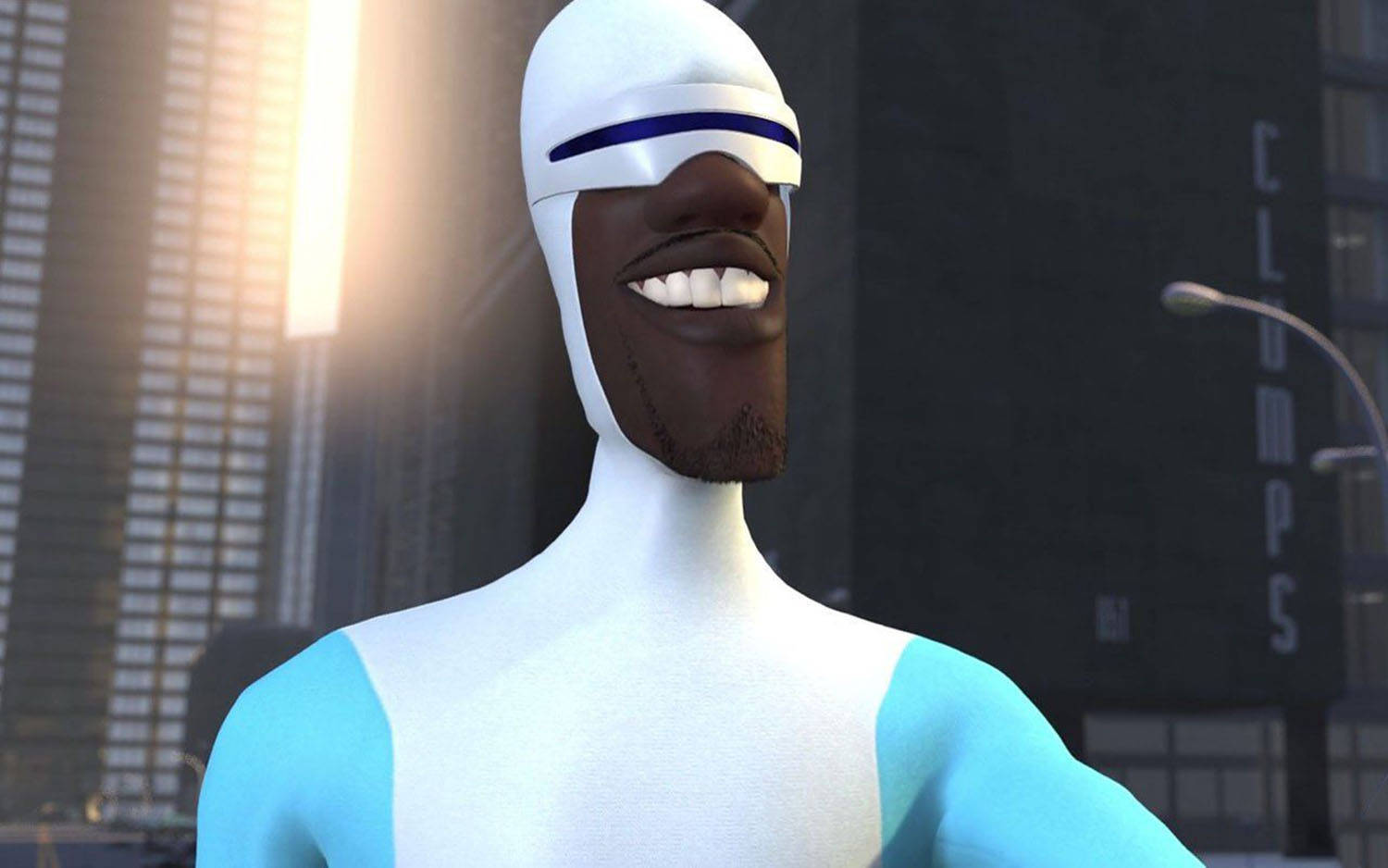 Frozone, white and blue suit, sunlit city skyline, HD Desktop Wallpaper