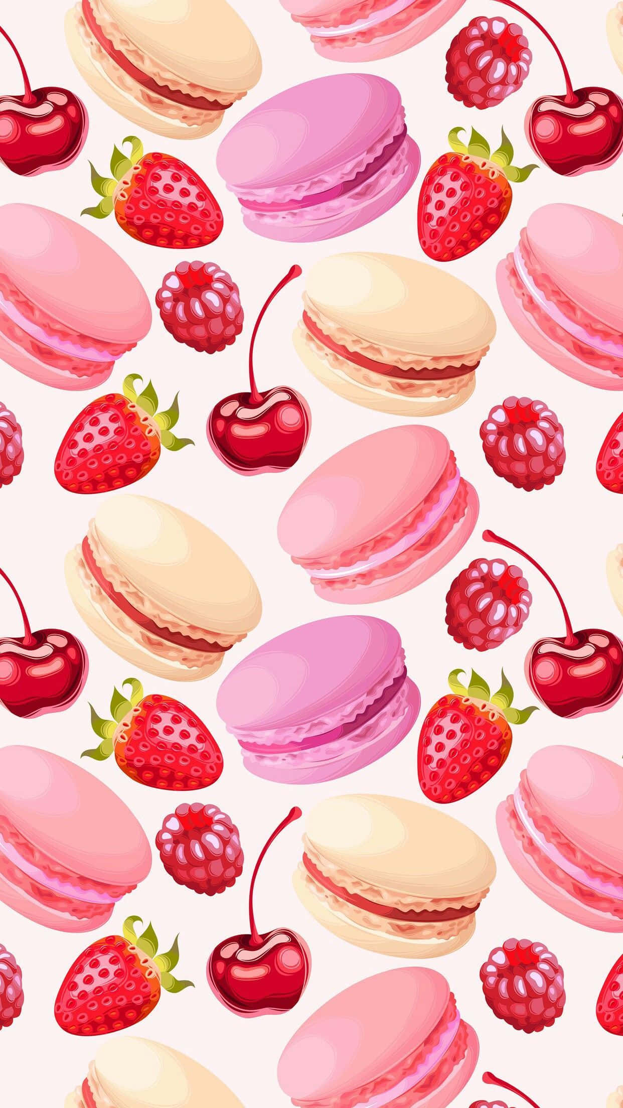 kawaii fruit, pink macarons, strawberries, Full HD Phone Wallpaper