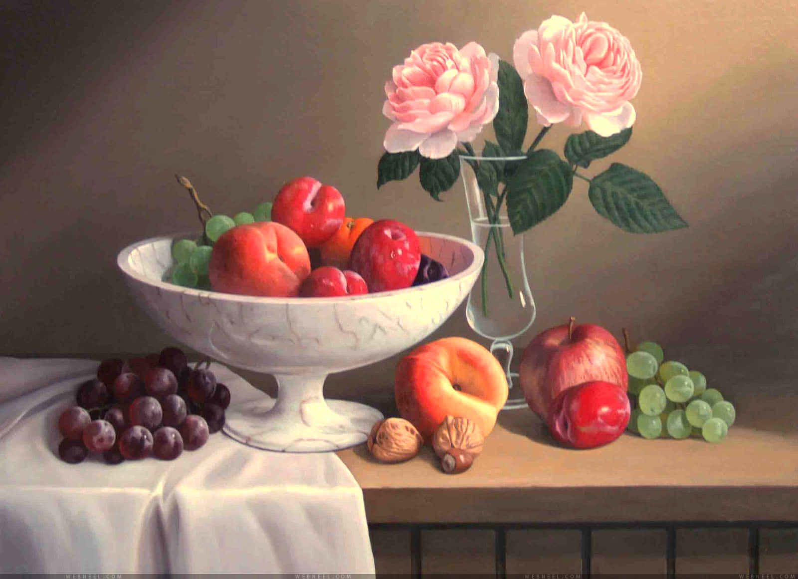 white bowl, peaches, cherries, HD Desktop Wallpaper