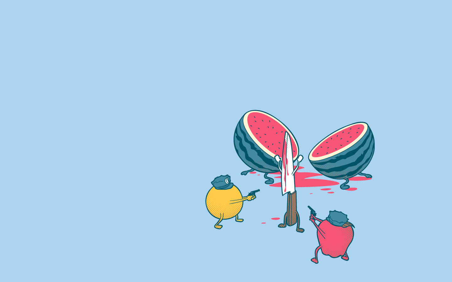 Weird Fruits And Knife, anthropomorphic fruits, watermelon, HD Desktop Wallpaper