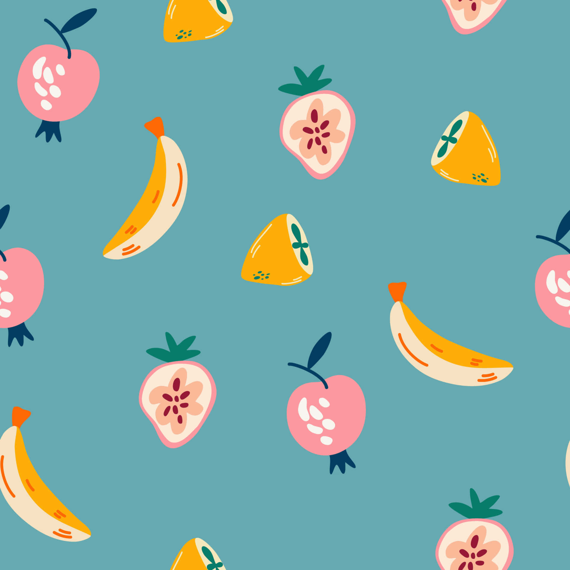 teal background, playful cartoon fruits, pink apples, Full HD Desktop Wallpaper