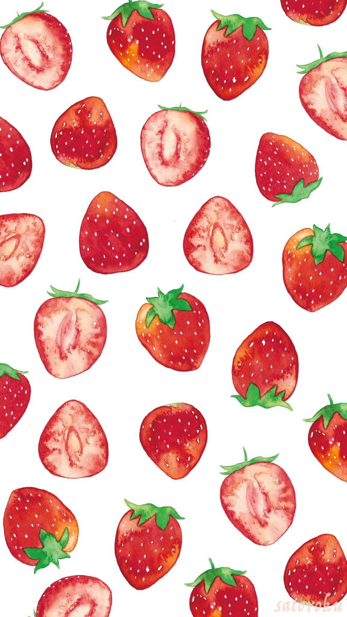 watercolor strawberries pattern, whole strawberries, sliced strawberries, Full HD Phone Wallpaper