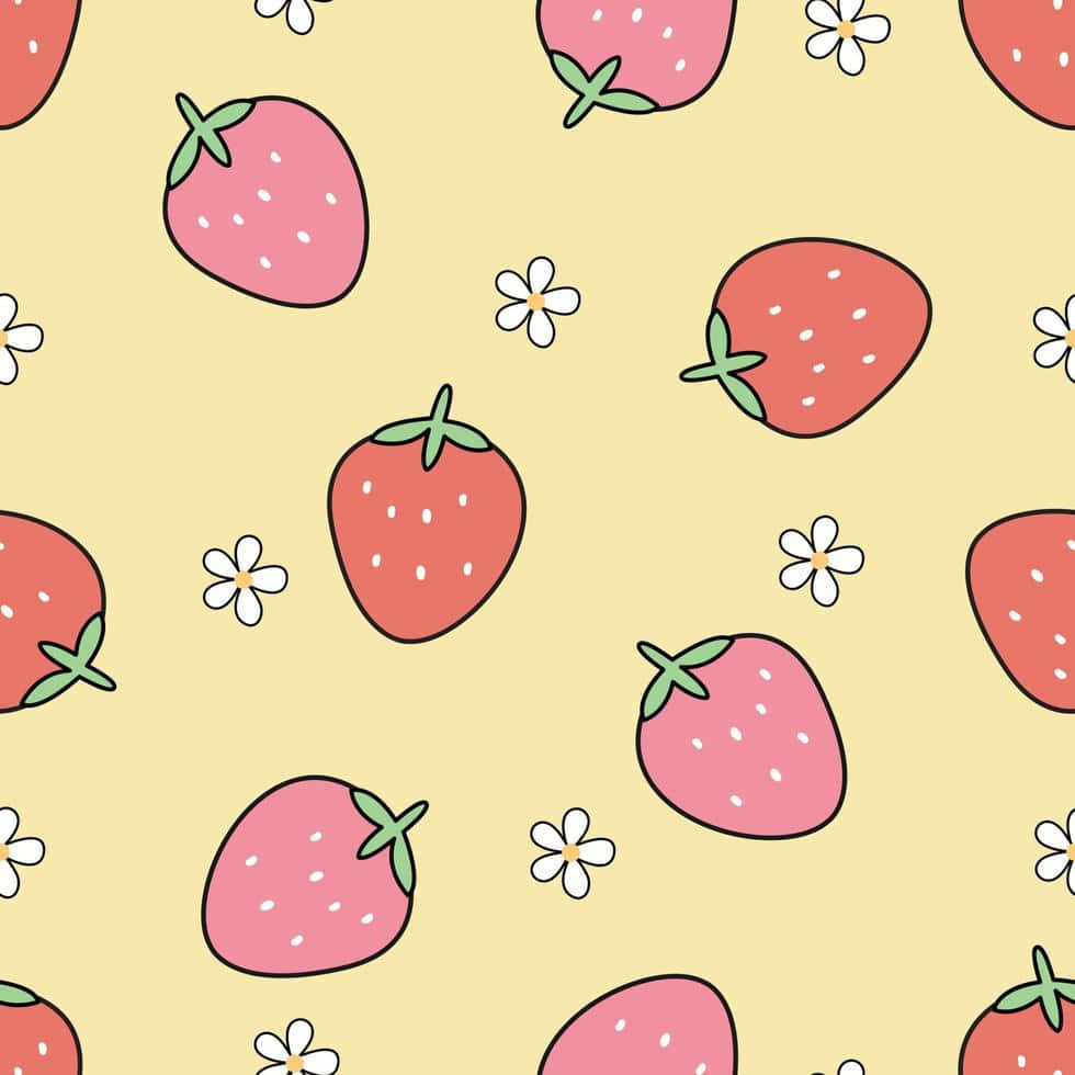 strawberry pattern, yellow background, cartoon strawberries, SD Desktop Wallpaper