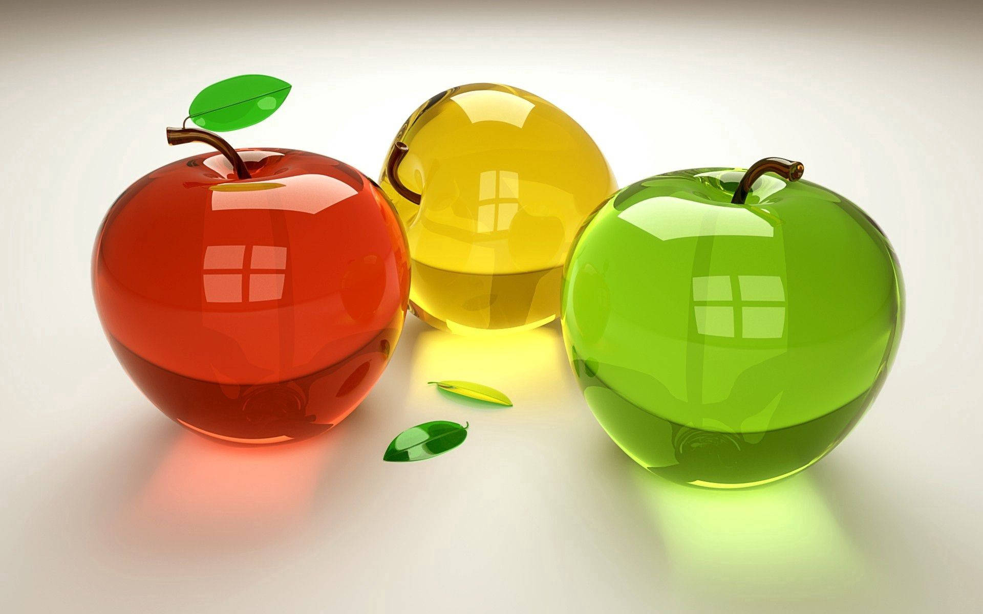 3D glass transparent apples, glossy glass apples, red yellow and green, Full HD Desktop Wallpaper