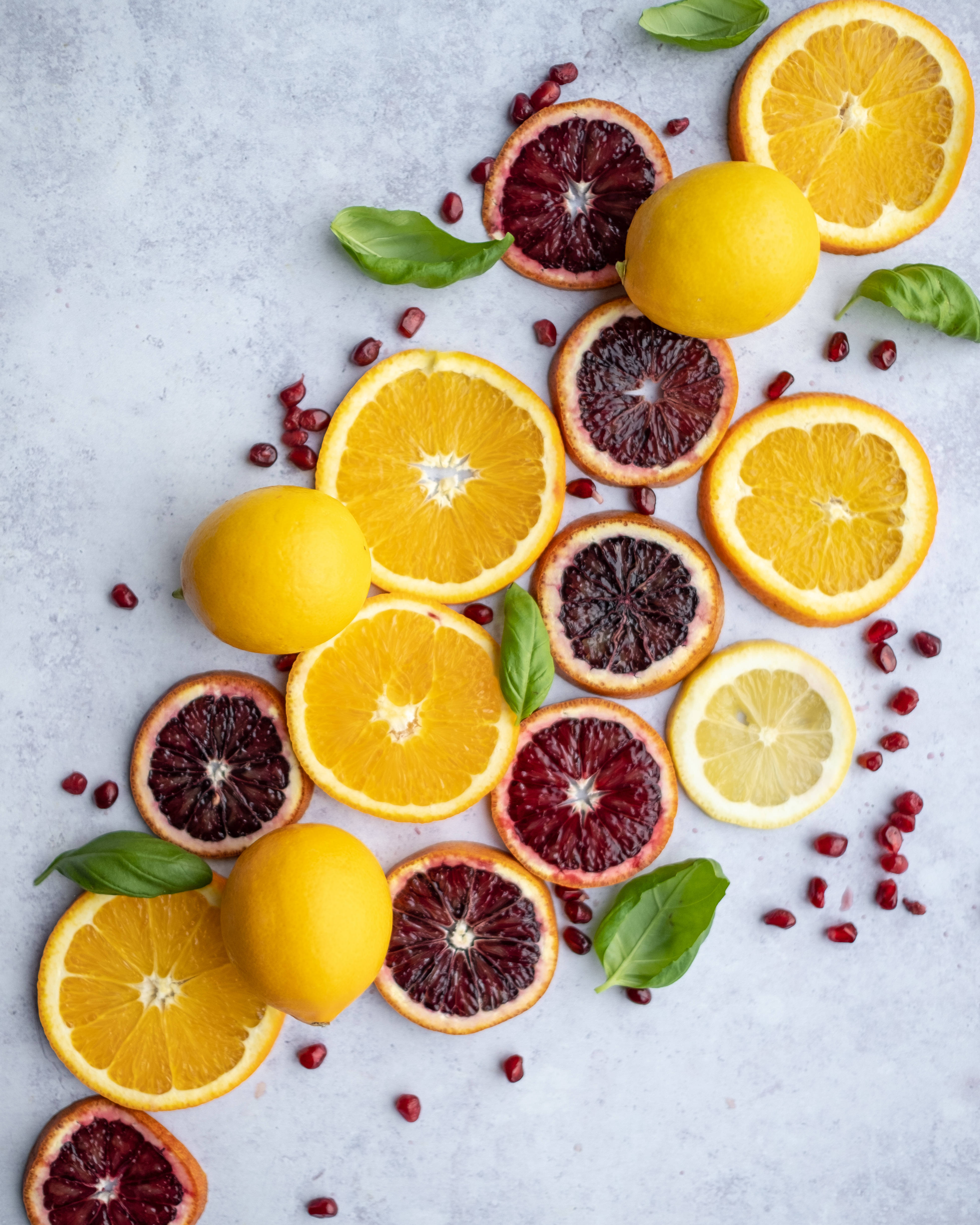 citrus fruit, basil leaves, pomegranate seeds, 4K Phone Wallpaper