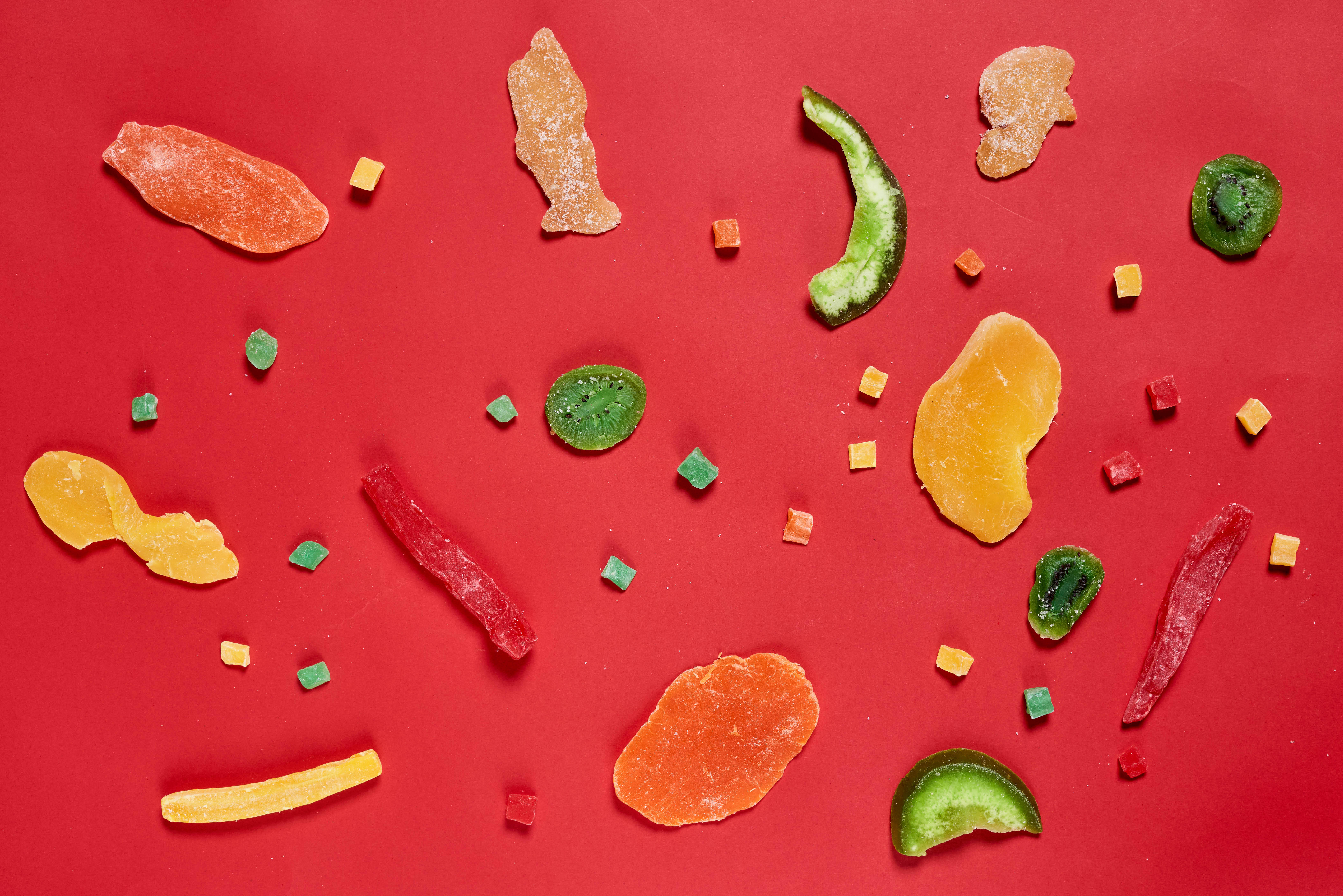 assorted fruit skin peels, vibrant gummy candies, assorted shapes, 5K Desktop Wallpaper