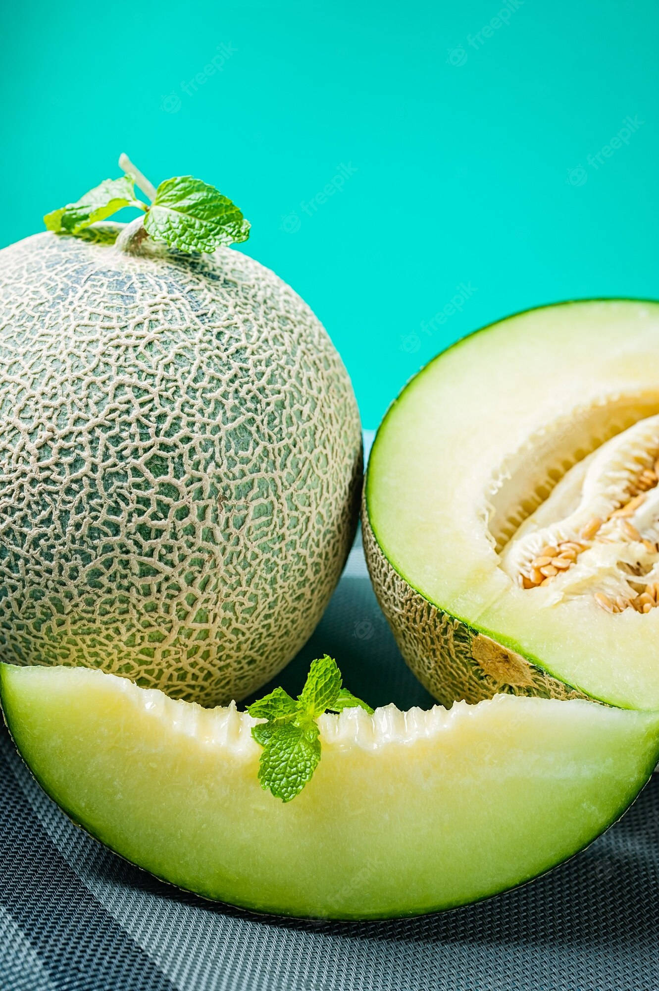 honeydew melon, light blue, teal background, Full HD Phone Wallpaper