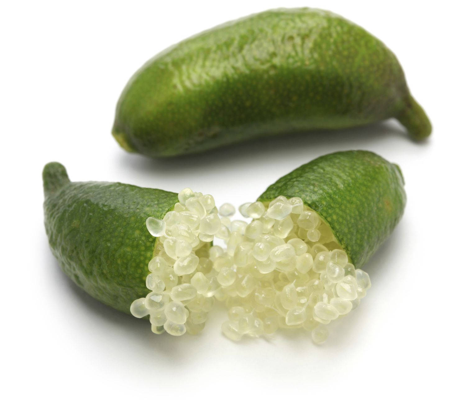 two green finger limes, translucent juicy segments, stark white background, HD Desktop Wallpaper