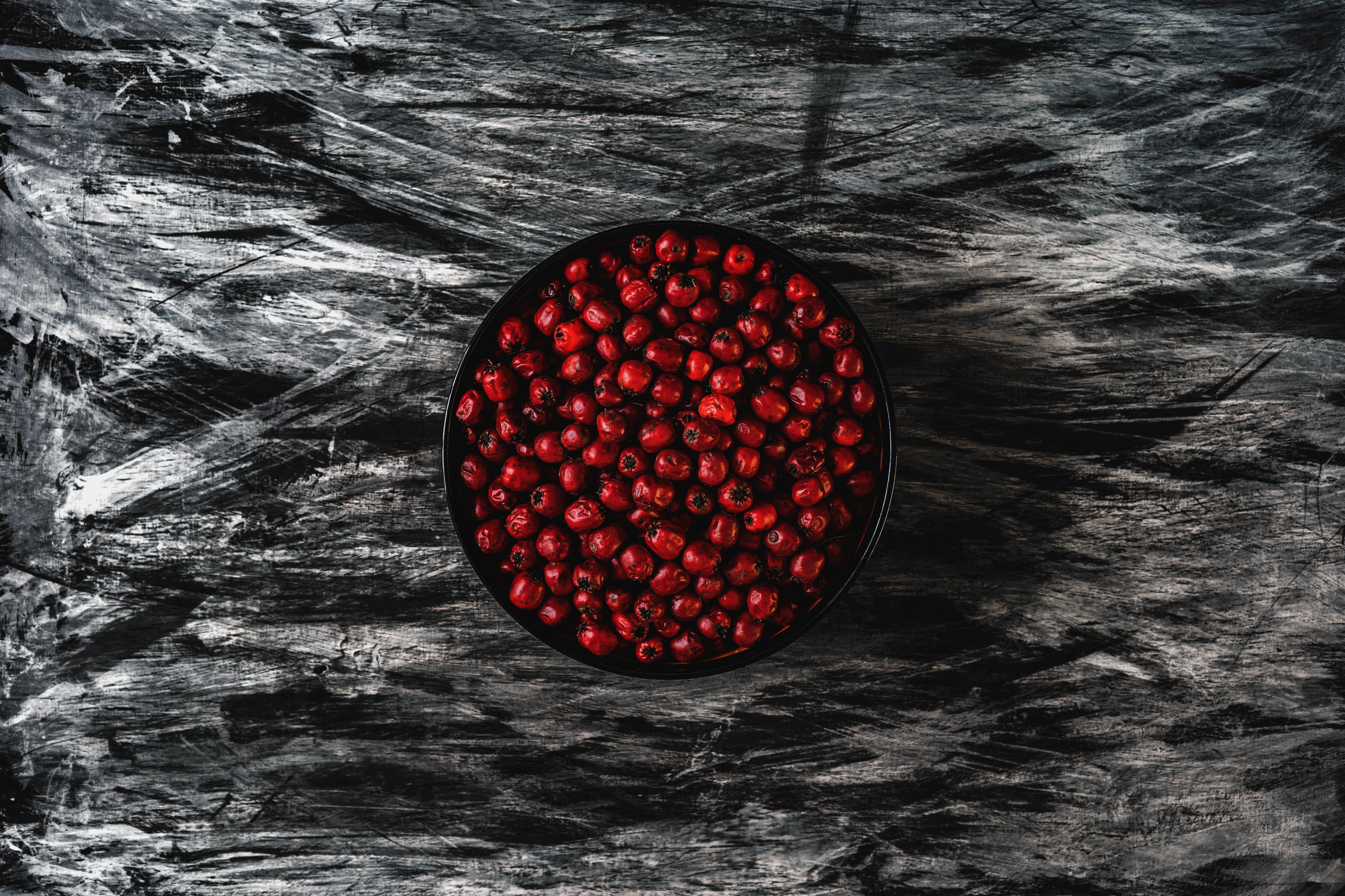 cranberries, black bowl, vibrant red berries, 5K Desktop Wallpaper