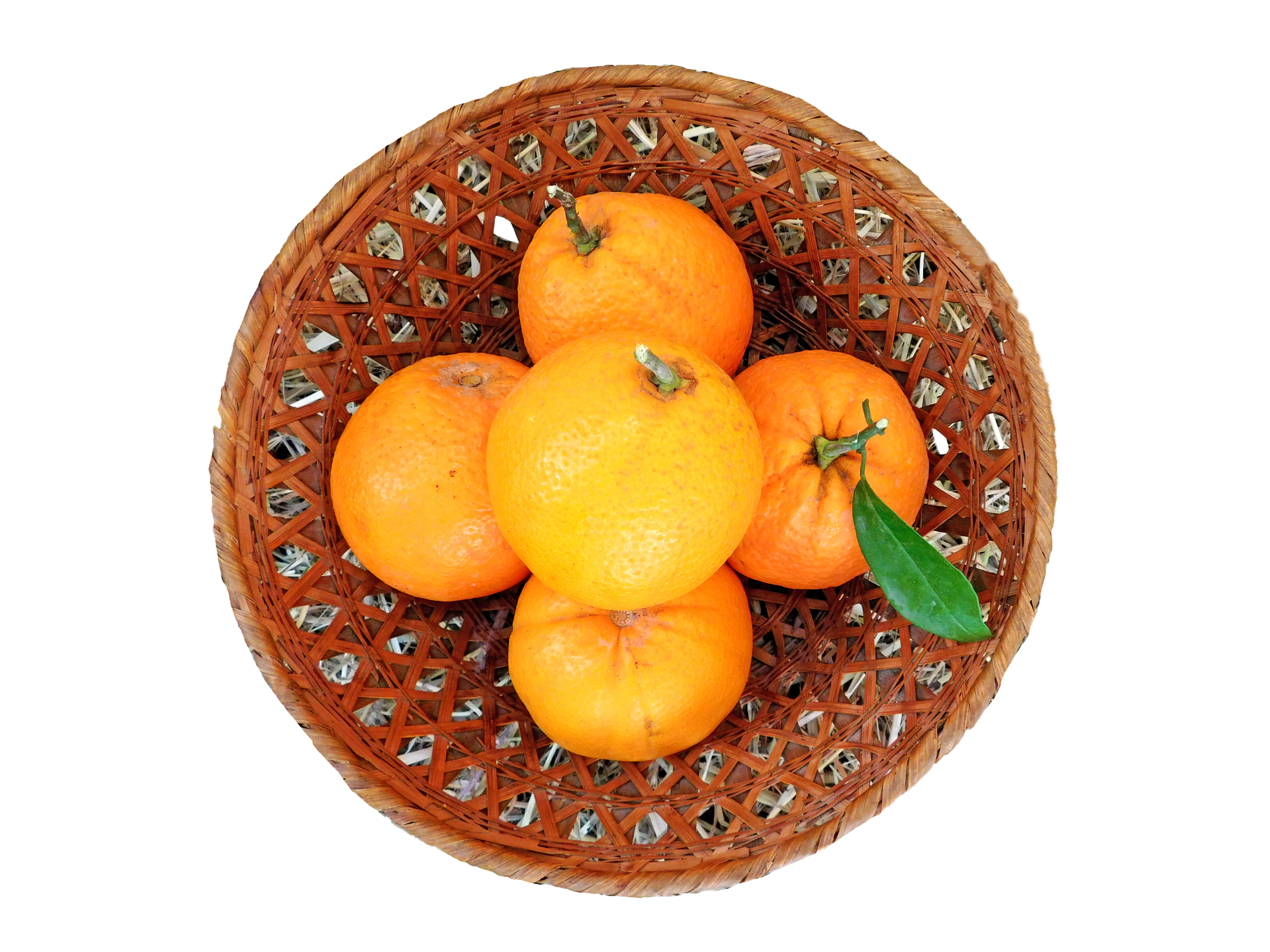 oranges, green leaf, woven brown bamboo basket, 4K Desktop Wallpaper