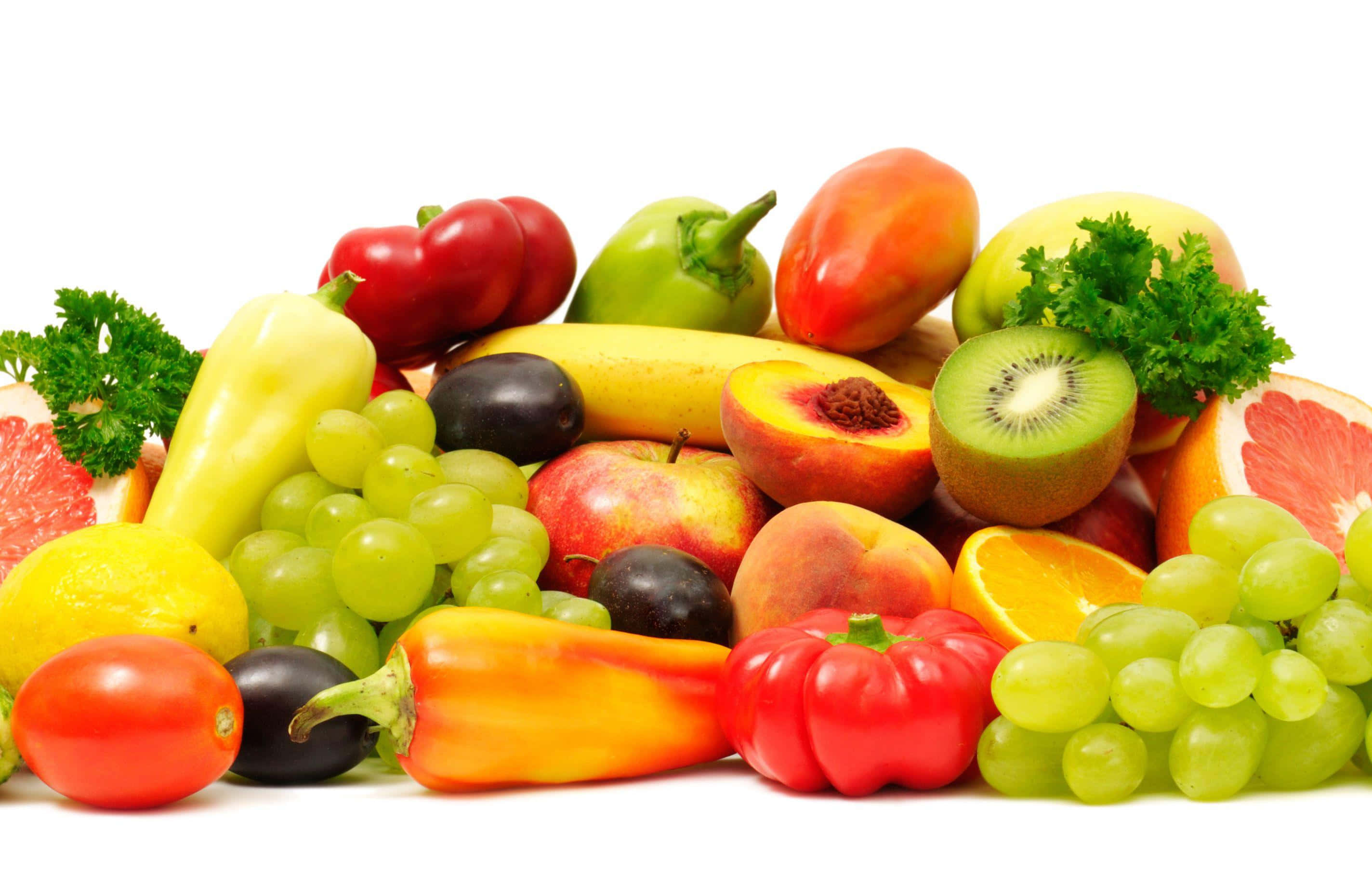 colorful bounty of fruits and vegetables, grapes, kiwi, 2K Desktop Wallpaper