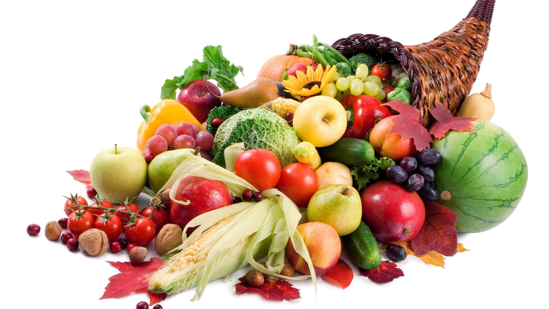 cornucopia, colorful autumn fruits vegetables, leaves, Full HD Desktop Wallpaper