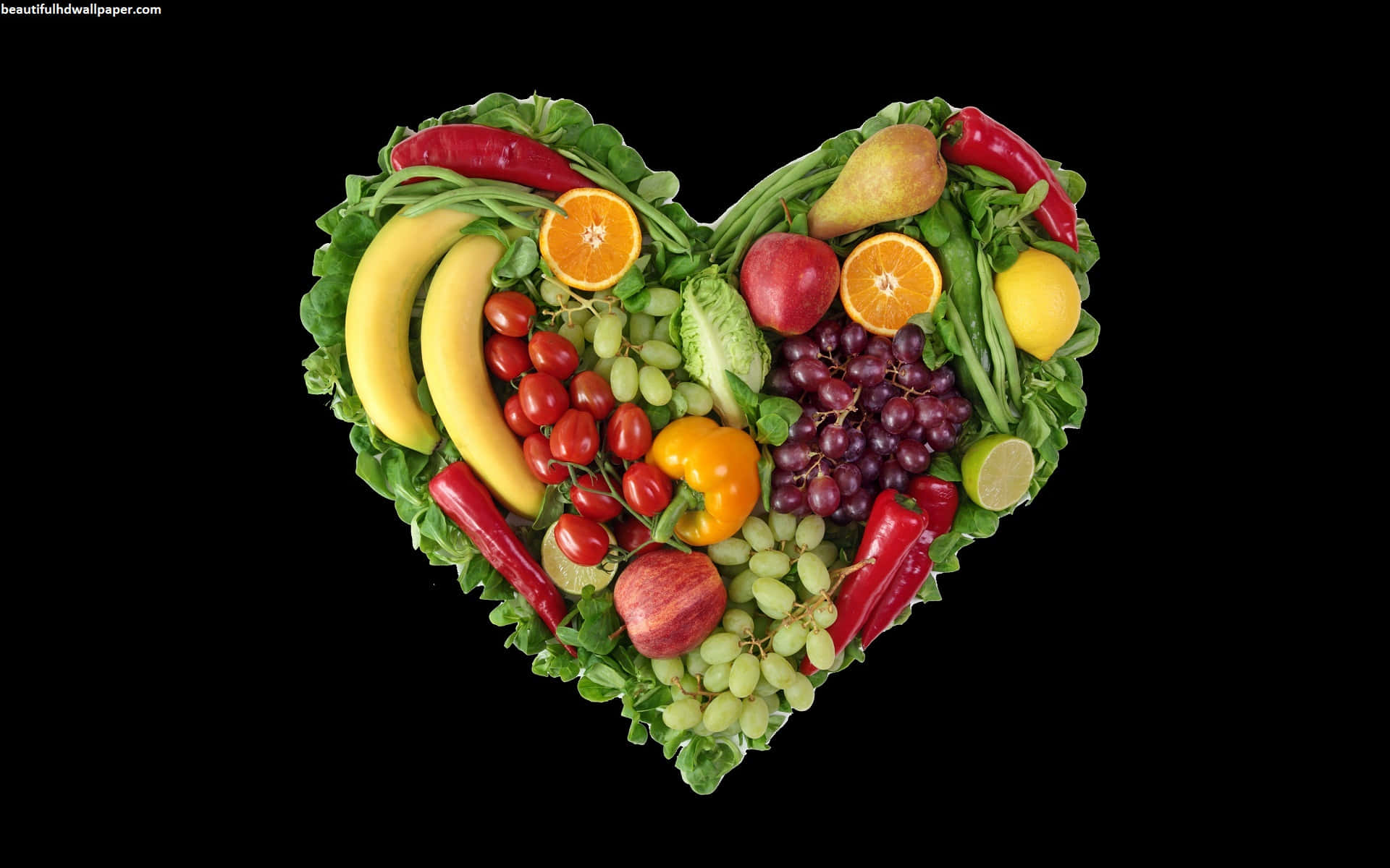 heart shaped, fruits and vegetables, stark black background, Full HD Desktop Wallpaper
