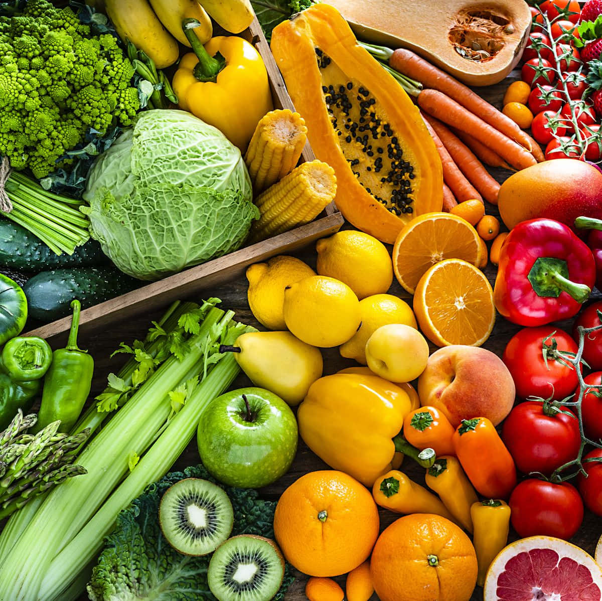 fruits and vegetables, colorful wooden crate, vibrant overhead shot, SD Desktop Wallpaper