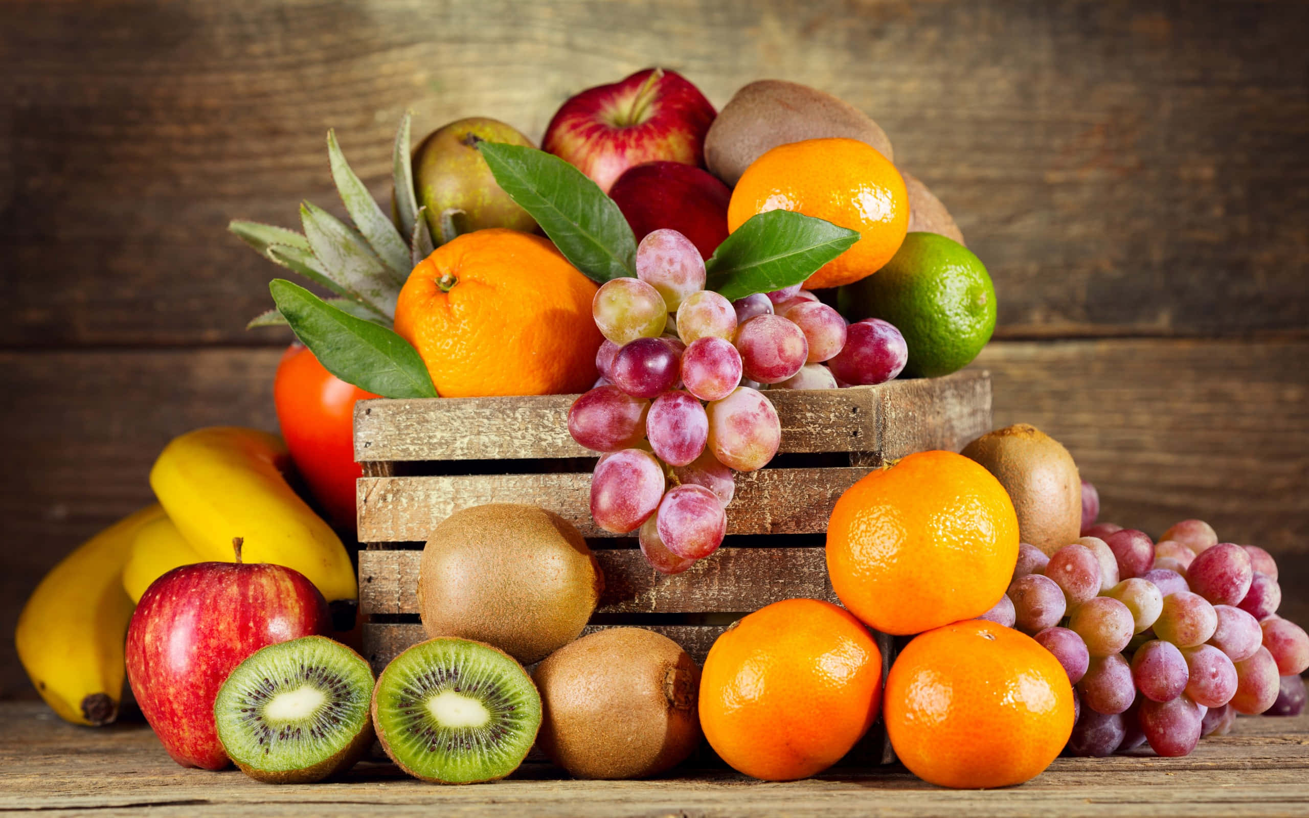 rustic wooden crate, vibrant fresh fruits, oranges, 2K Desktop Wallpaper