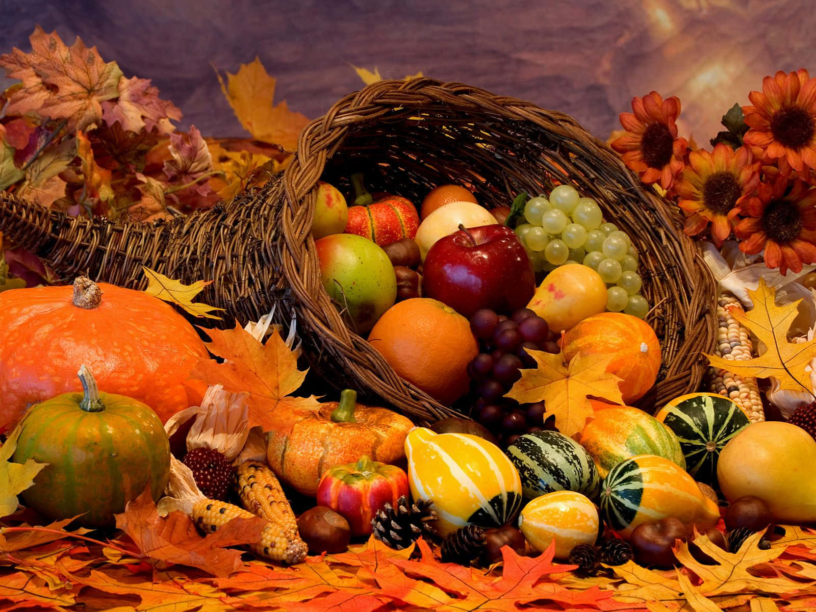 fruits and vegetables, maple leaves, cornucopia, HD Desktop Wallpaper