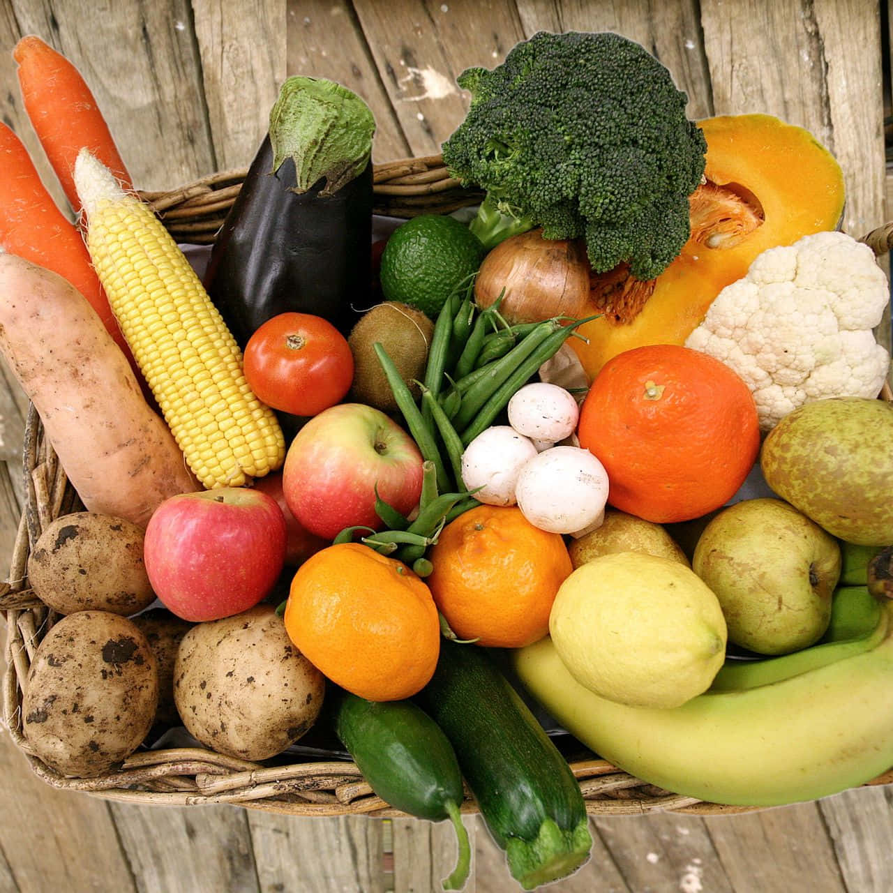 fruits and vegetables, wicker tray, carrots, HD Desktop Wallpaper