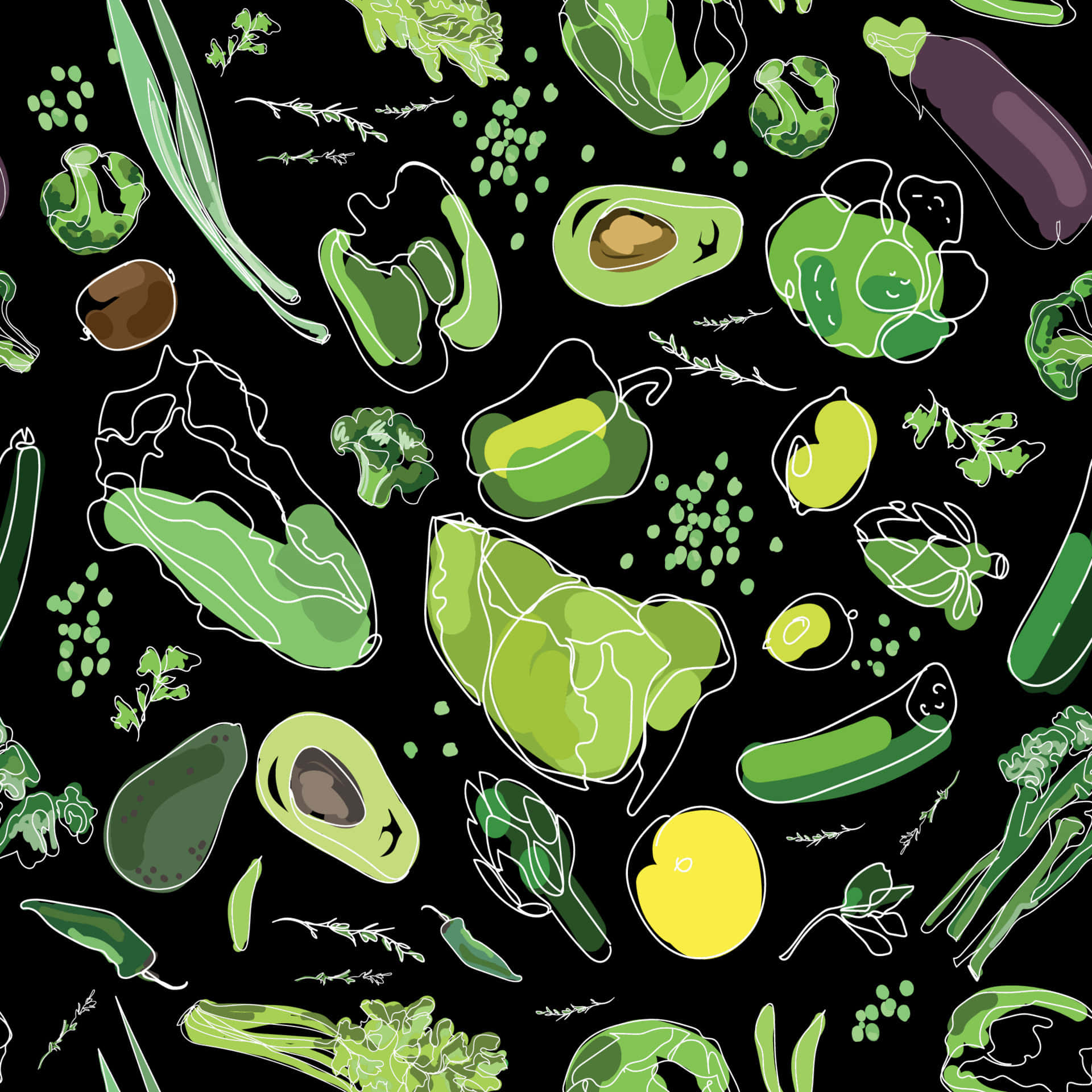 vibrant green vegetables, herbs, white outlines, Full HD Desktop Wallpaper