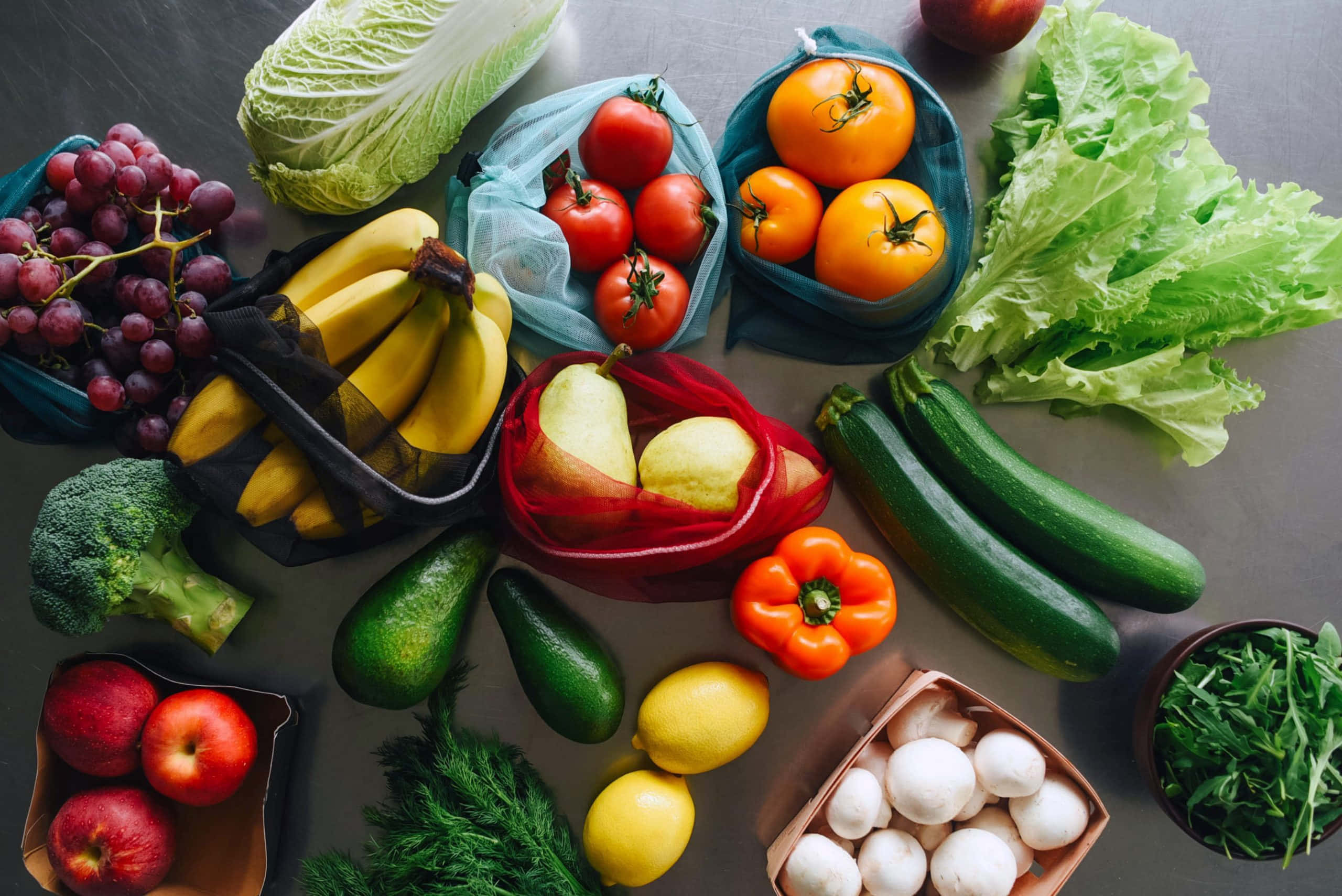 fruits and vegetables, plastic and paper bags, grapes, 2K Desktop Wallpaper