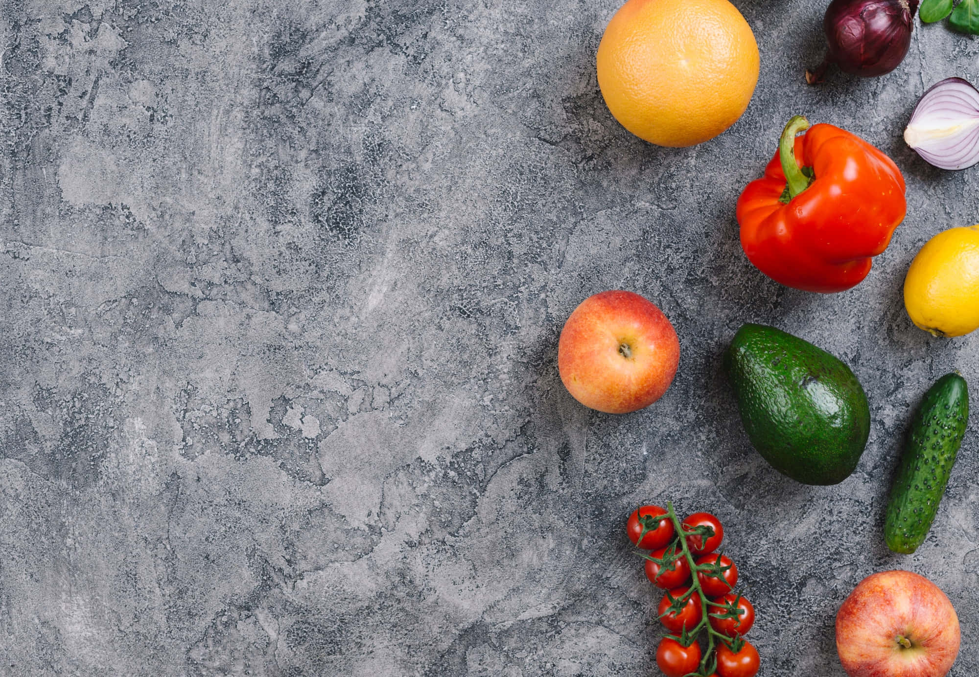 healthy fruits and vegetables, colorful fruits and vegetables, textured gray stone surface, Full HD Desktop Wallpaper