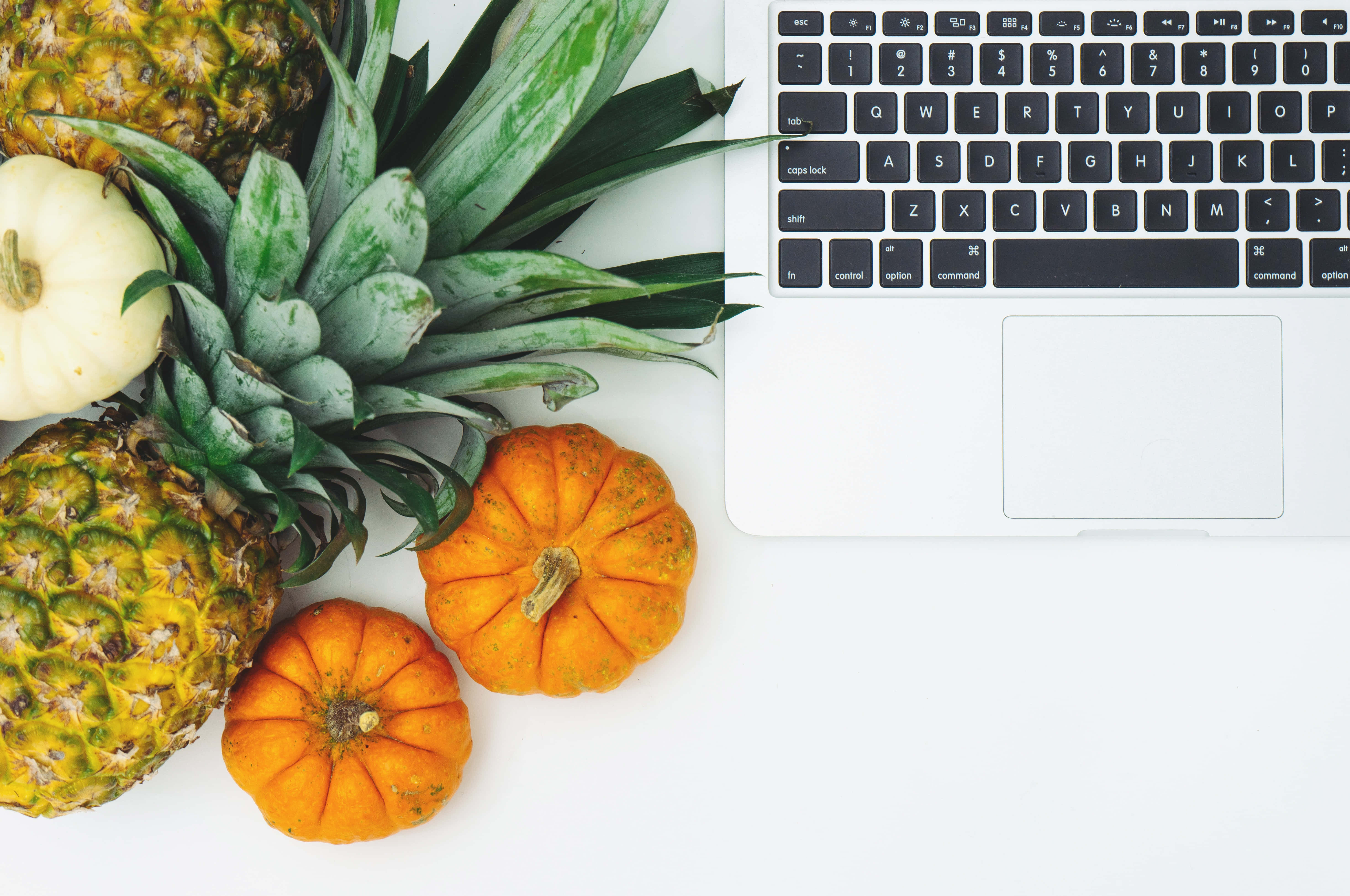 laptop keyboard, tropical pineapples, autumn pumpkins, 5K Desktop Wallpaper
