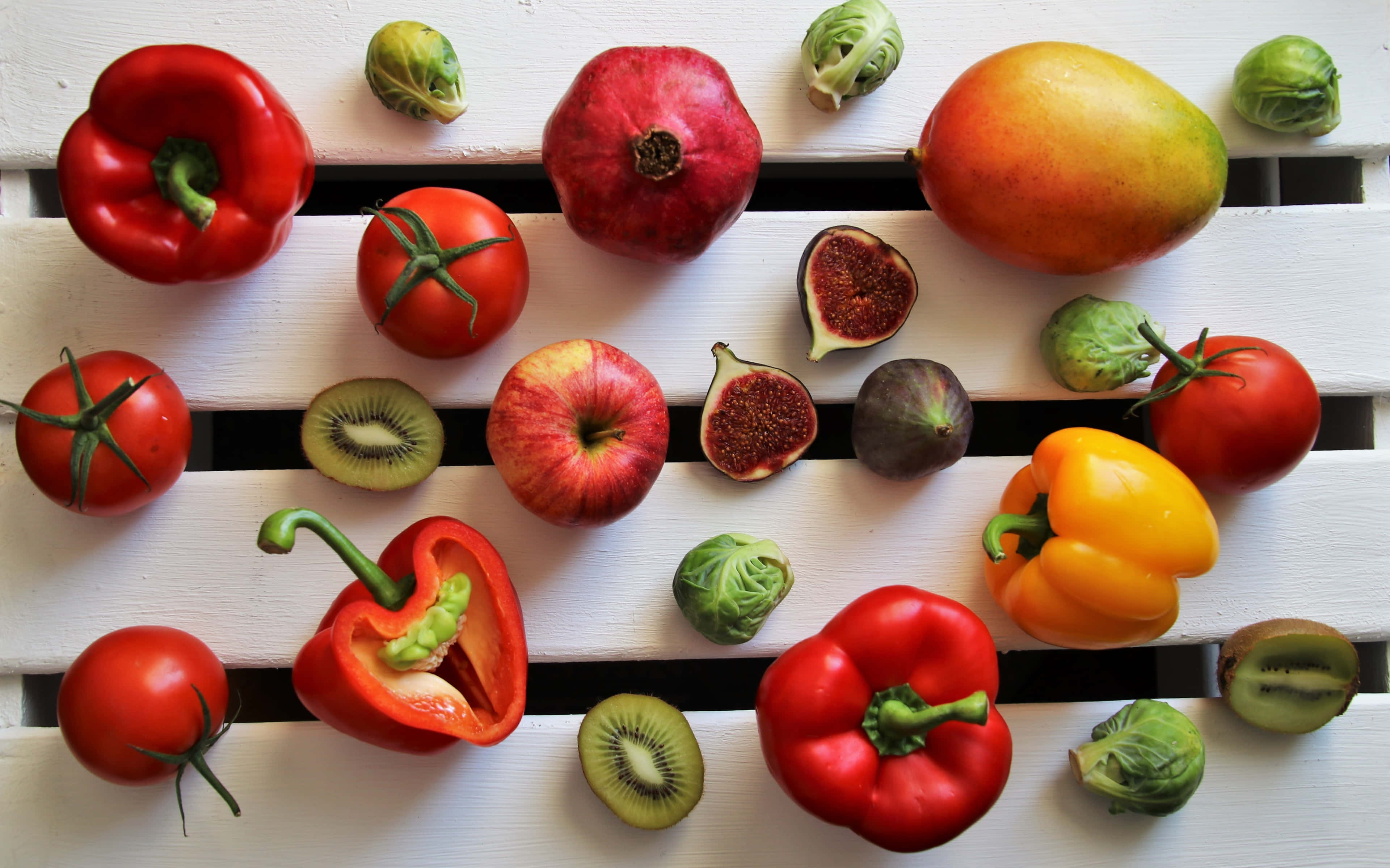 colorful pick of different fruits and vegetables, vibrant array of fresh fruits and vegetables, white wooden slats, 4K Desktop Wallpaper
