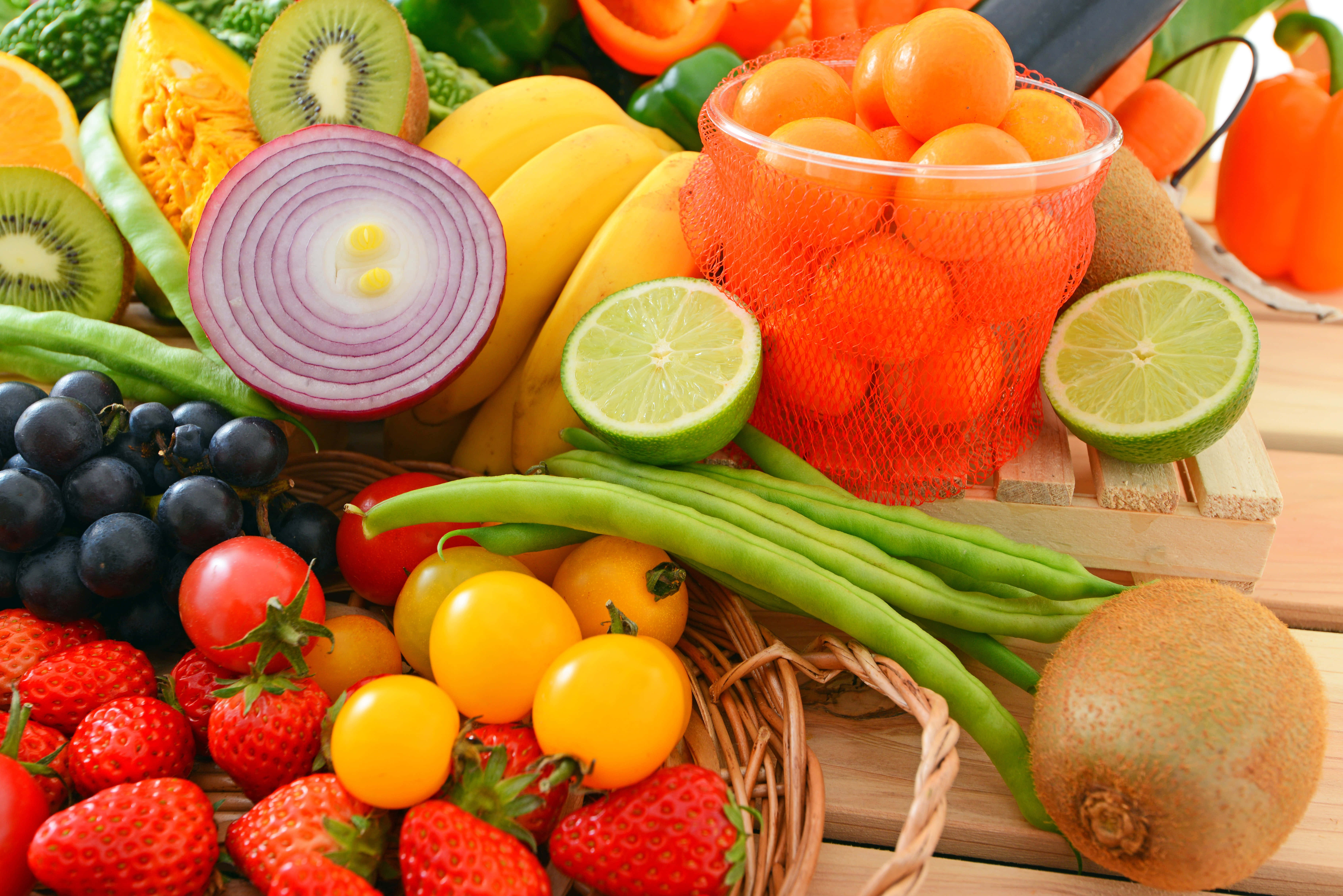 colorful set of fruits and vegetables, vibrant assortment of fresh fruits and vegetables, baskets, 5K Desktop Wallpaper