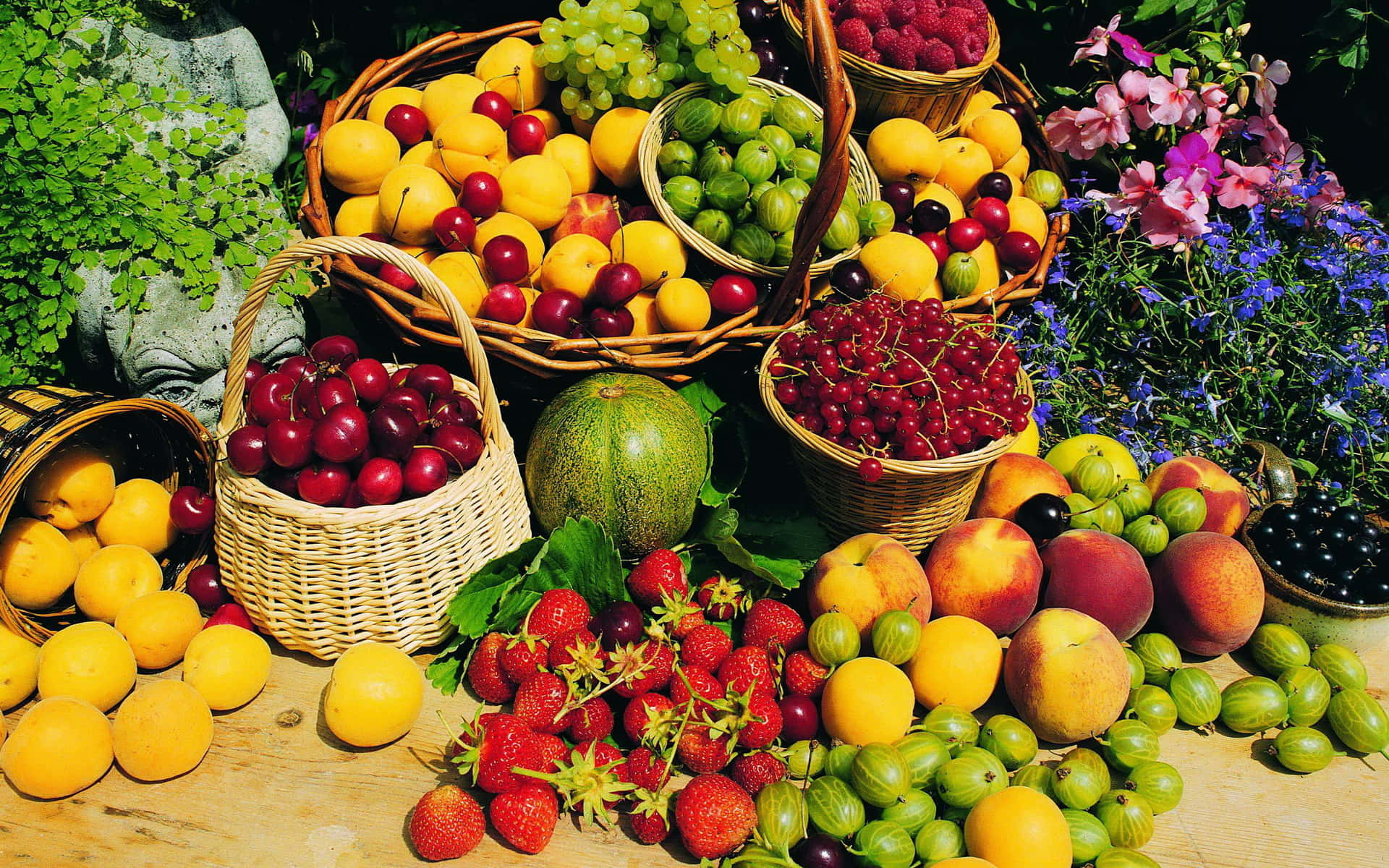 basketful harvest of fruits and vegetables, woven baskets, wooden table, Full HD Desktop Wallpaper