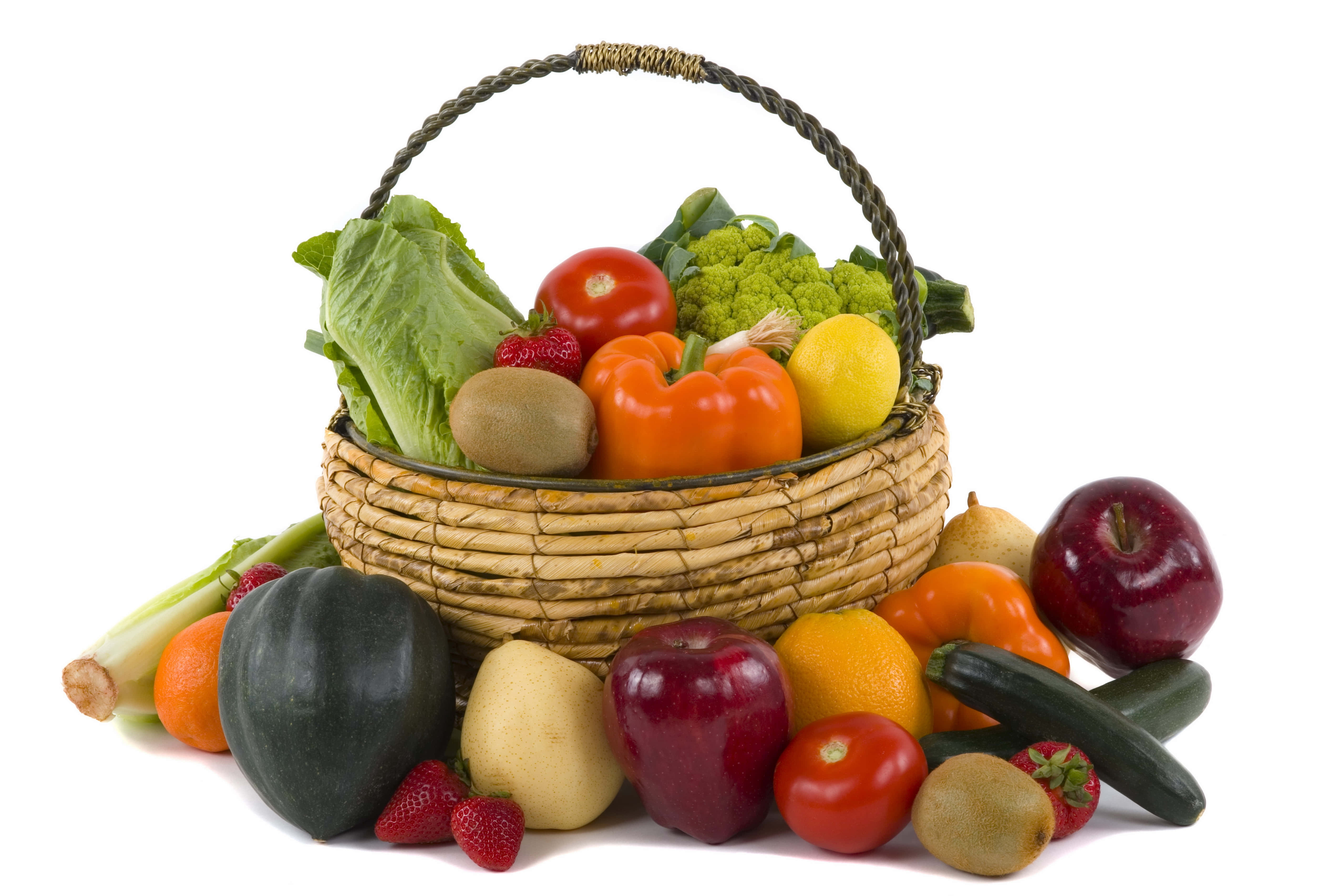 fruits and vegetables, round basket, woven basket, 5K Desktop Wallpaper