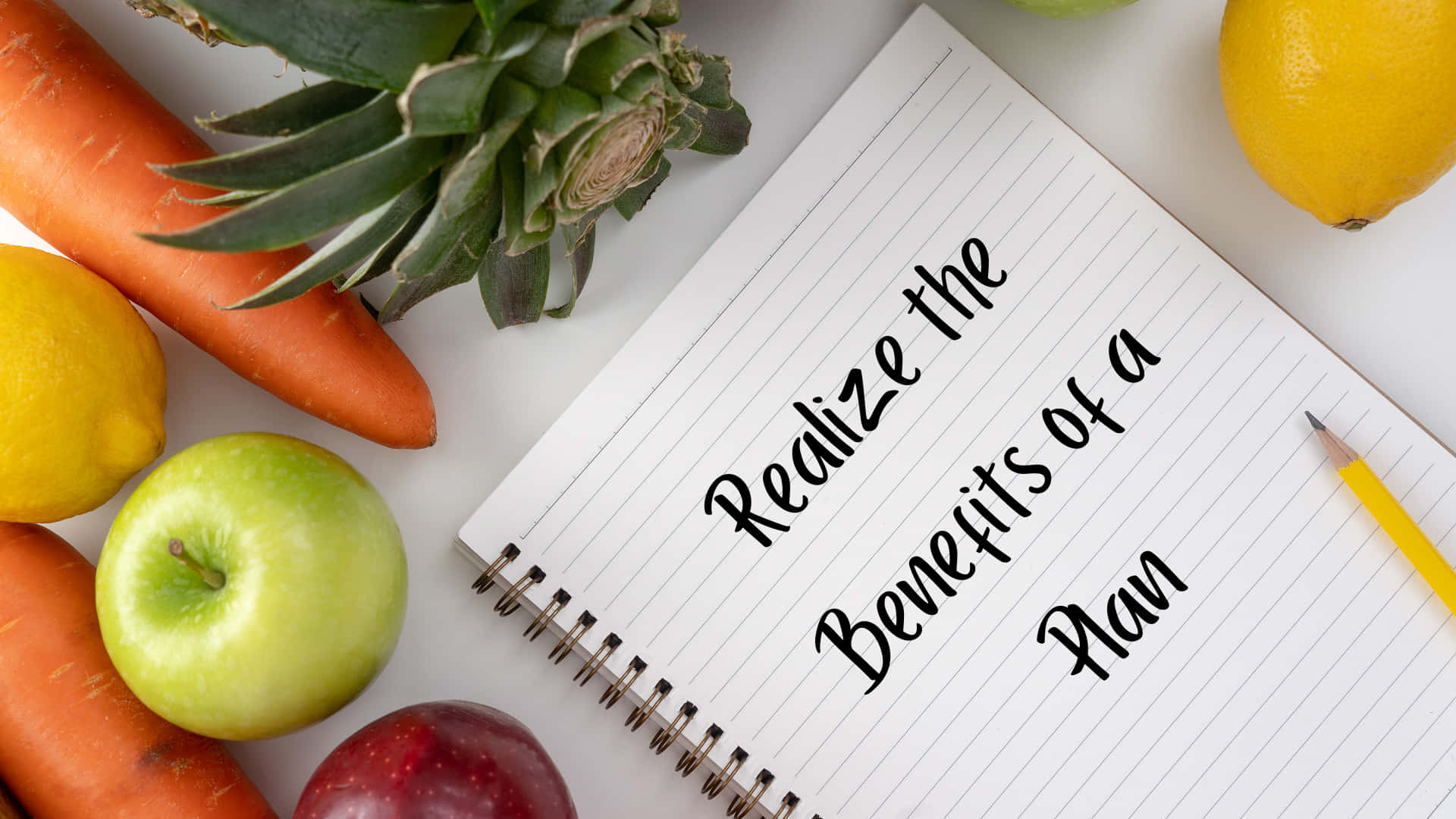 spiral notebook, handwritten text, fresh fruits and vegetables, Full HD Desktop Wallpaper