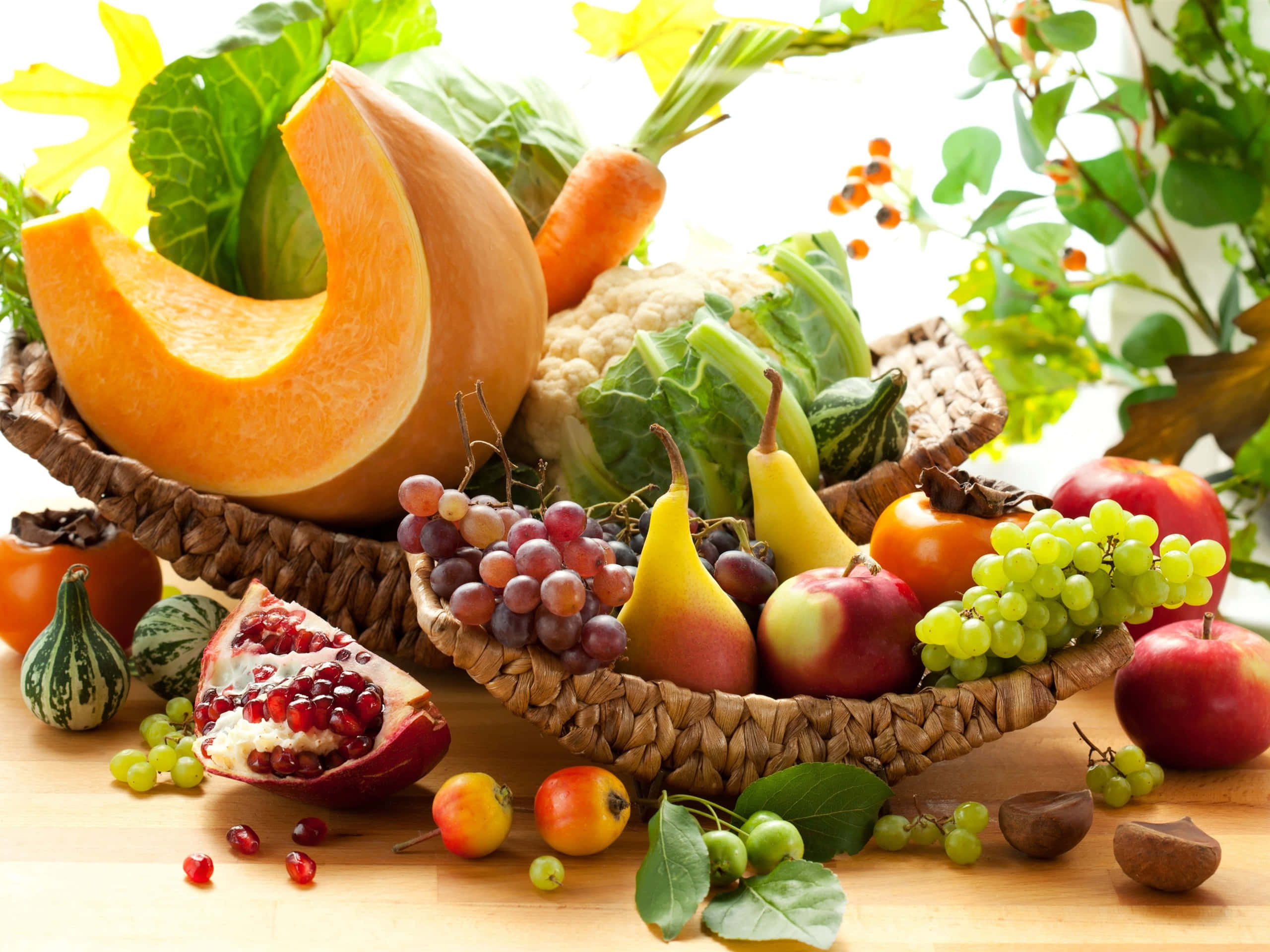 autumn harvest, pumpkins, grapes, 2K Desktop Wallpaper