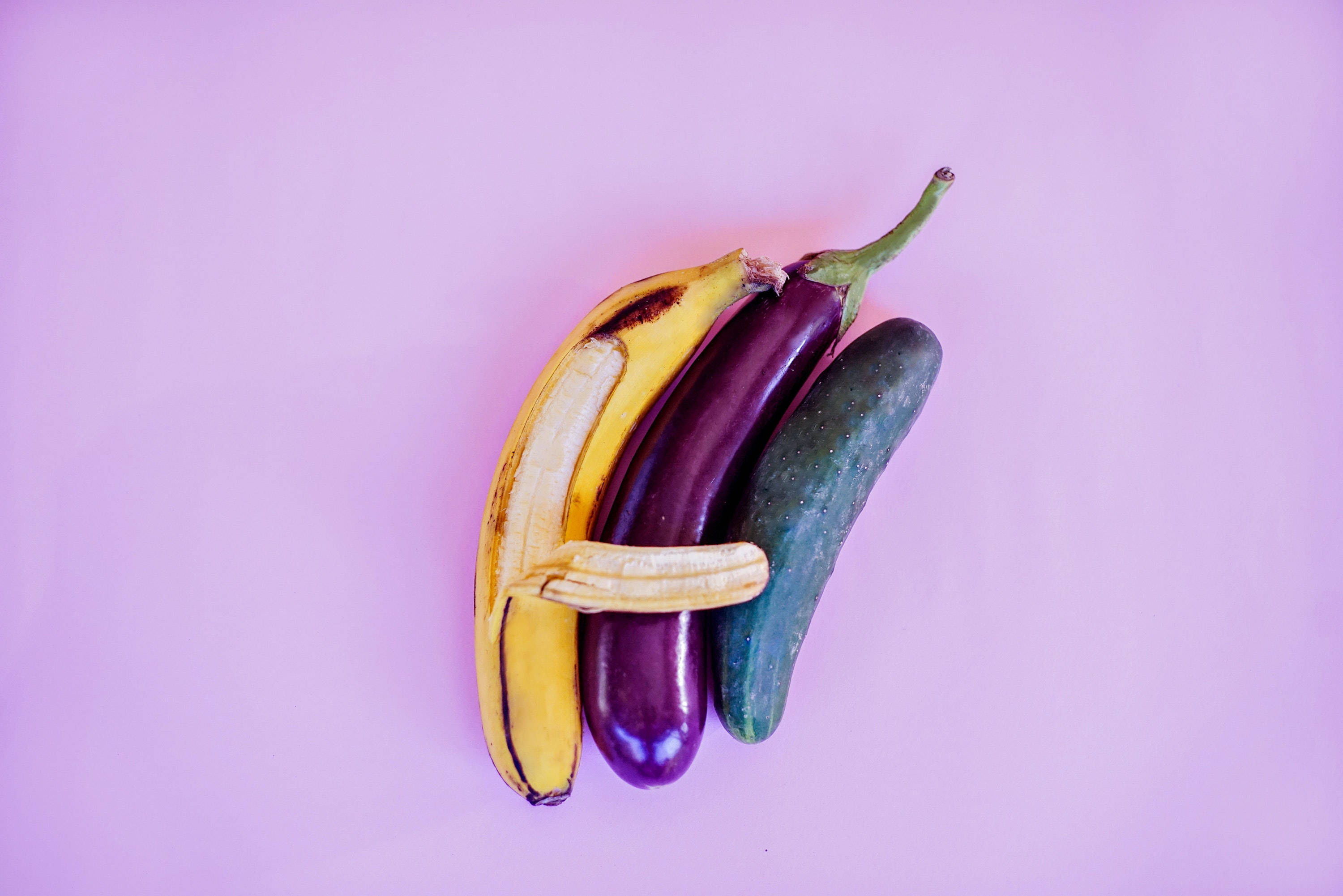 banana, eggplant, cucumber, 2K Desktop Wallpaper