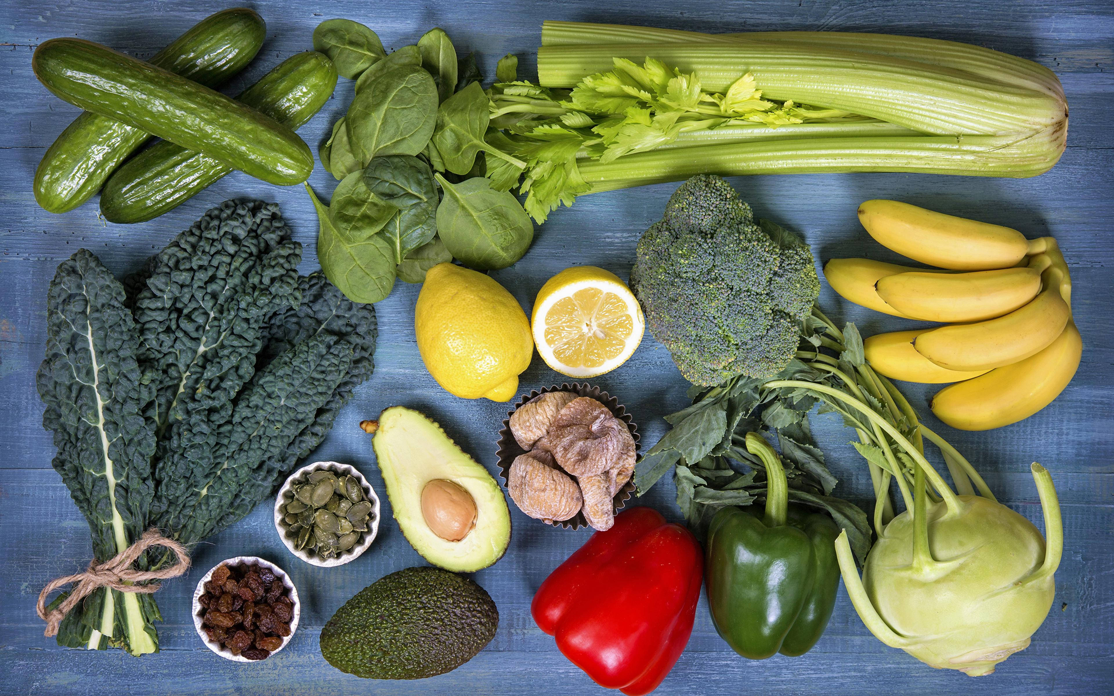 minimalist avocado fruits and vegetables flat lay, cucumbers, lemons, 4K Desktop Wallpaper