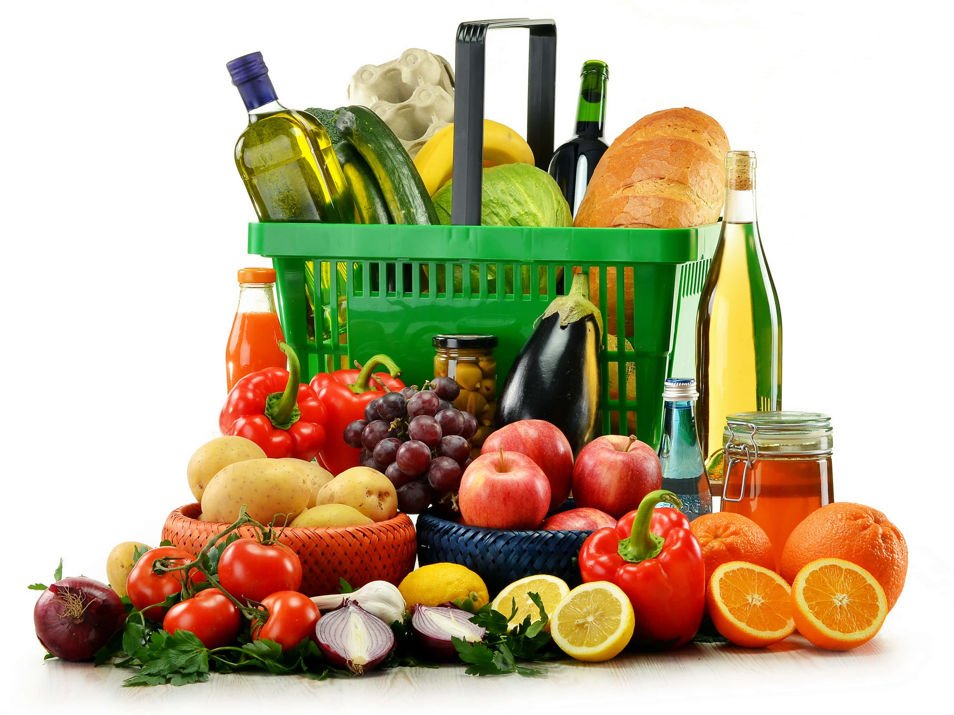 vibrant green shopping basket, fresh produce, groceries, 2K Desktop Wallpaper