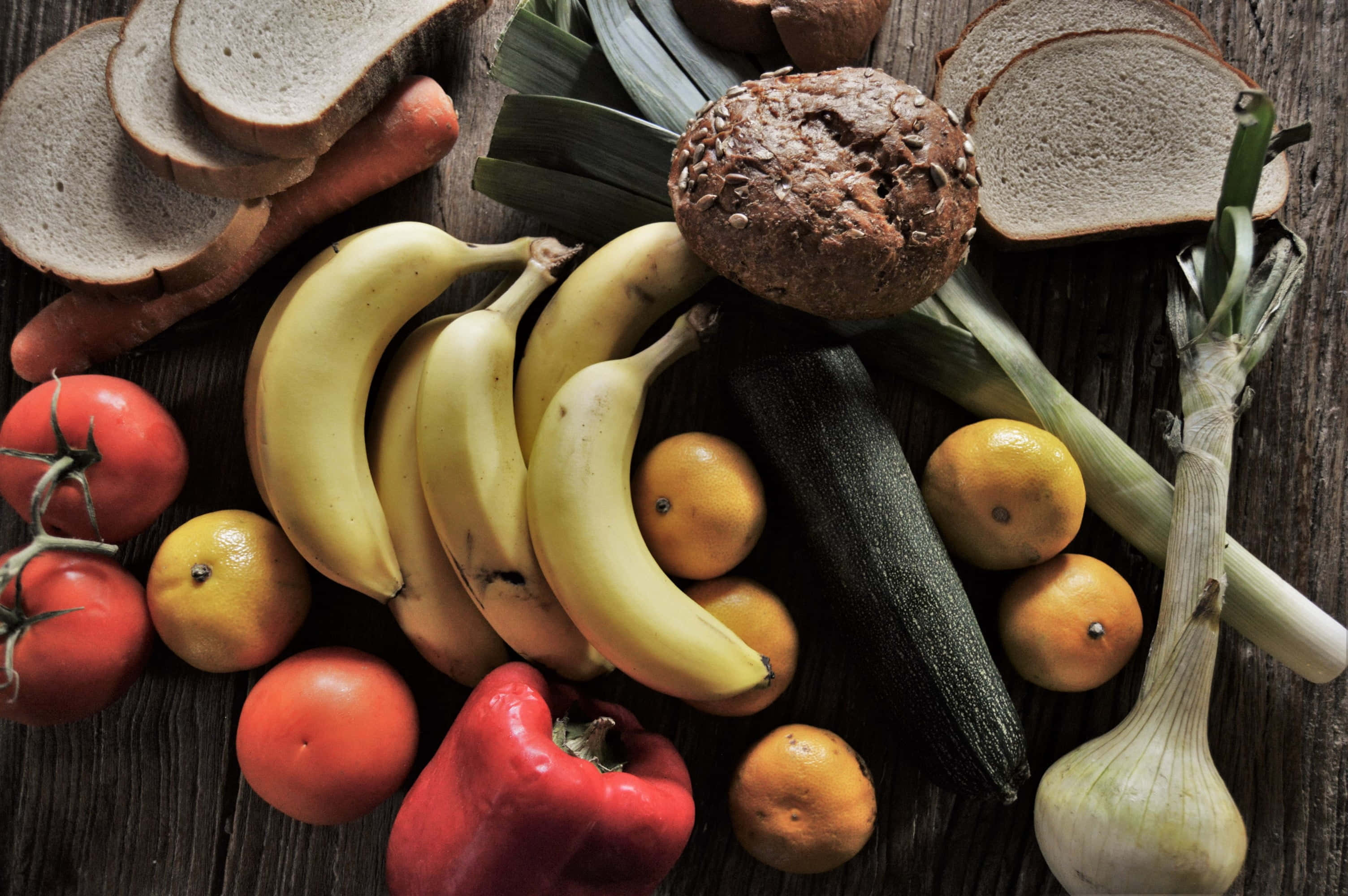 rustic wooden table, colorful assortment of fresh produce, bananas, 2K Desktop Wallpaper