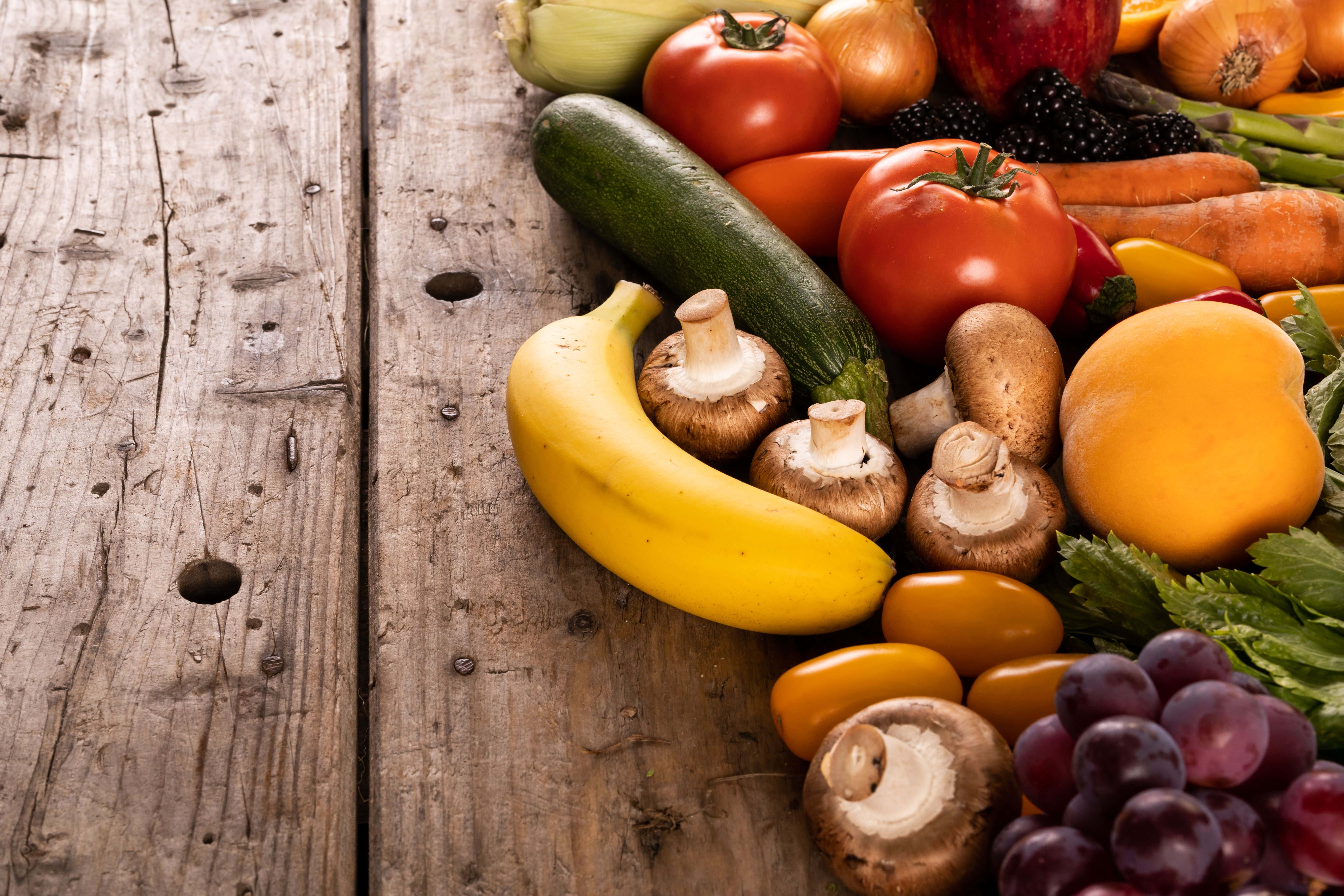 fruits and vegetables, wooden surface, weathered, 5K Desktop Wallpaper
