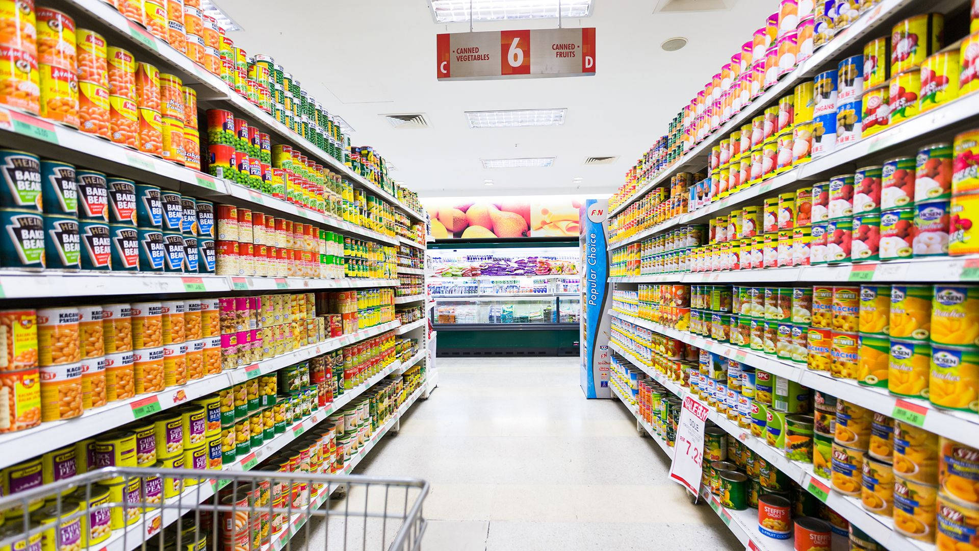 canned fruits section, supermarket aisle, colorful canned goods, Full HD Desktop Wallpaper
