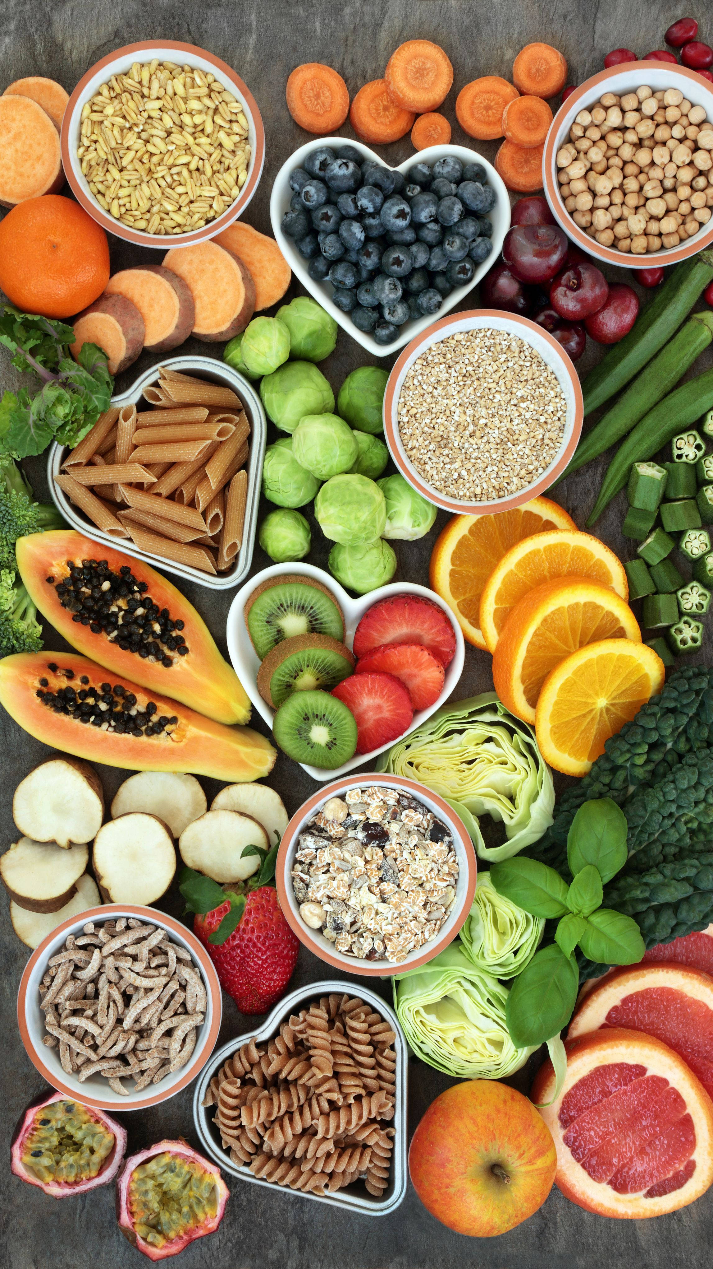 fruits and vegetables, bowl, rare wooden surface, 4K Phone Wallpaper
