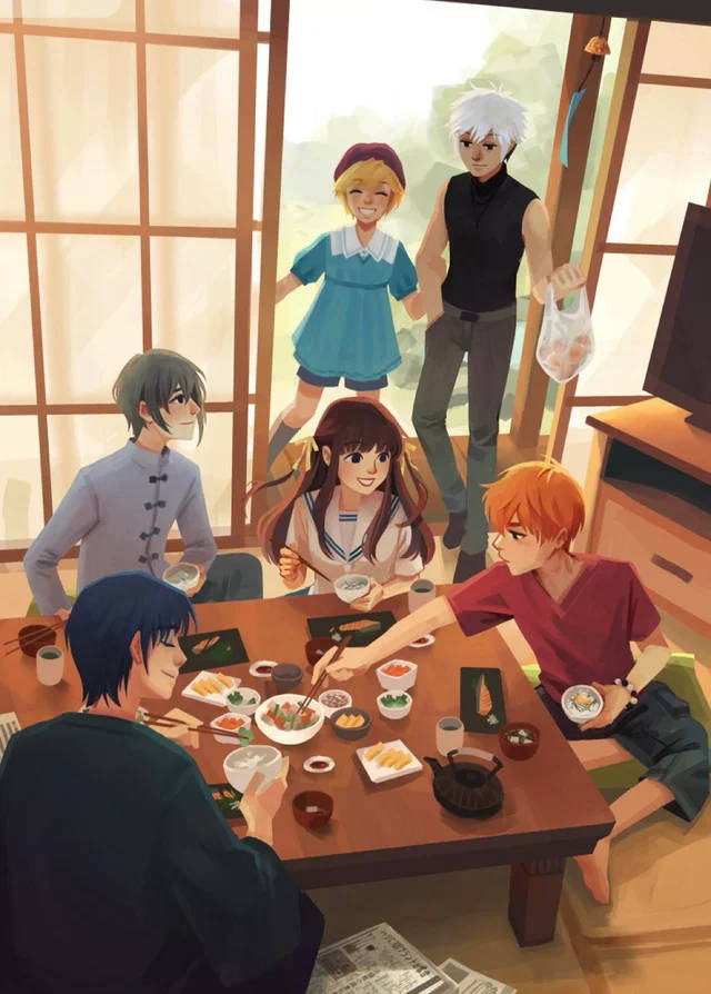 Fruits Basket, anime characters, wooden table, SD Phone Wallpaper