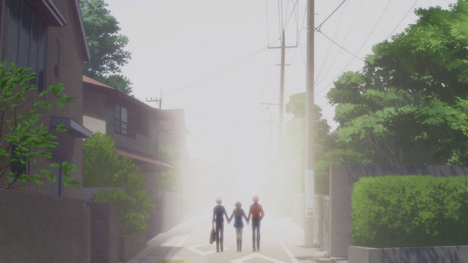 Fruits Basket, three anime characters, misty suburban street, Full HD Desktop Wallpaper