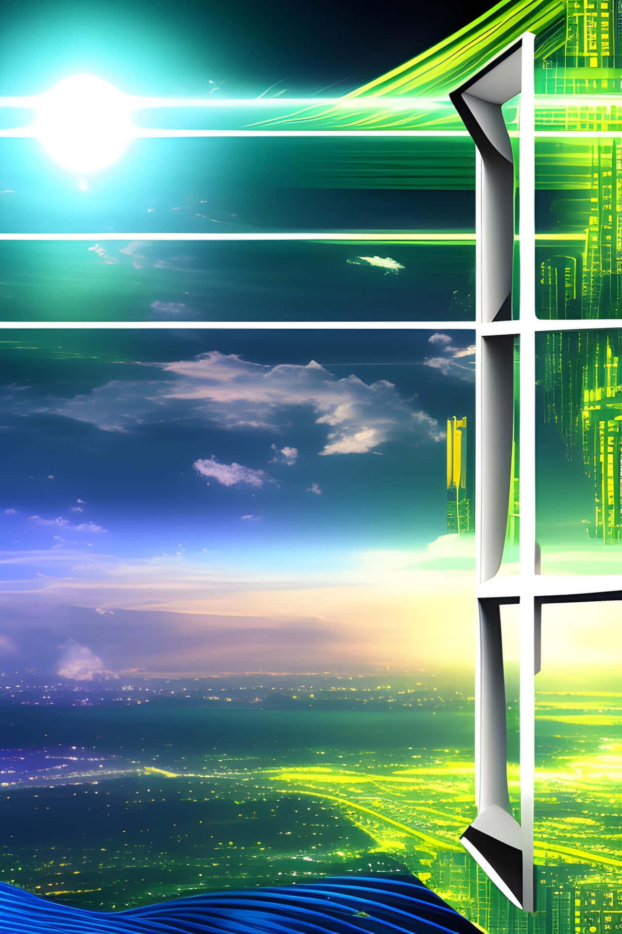 futuristic cityscape, glowing green cityscape, vibrant sky, Full HD Phone Wallpaper